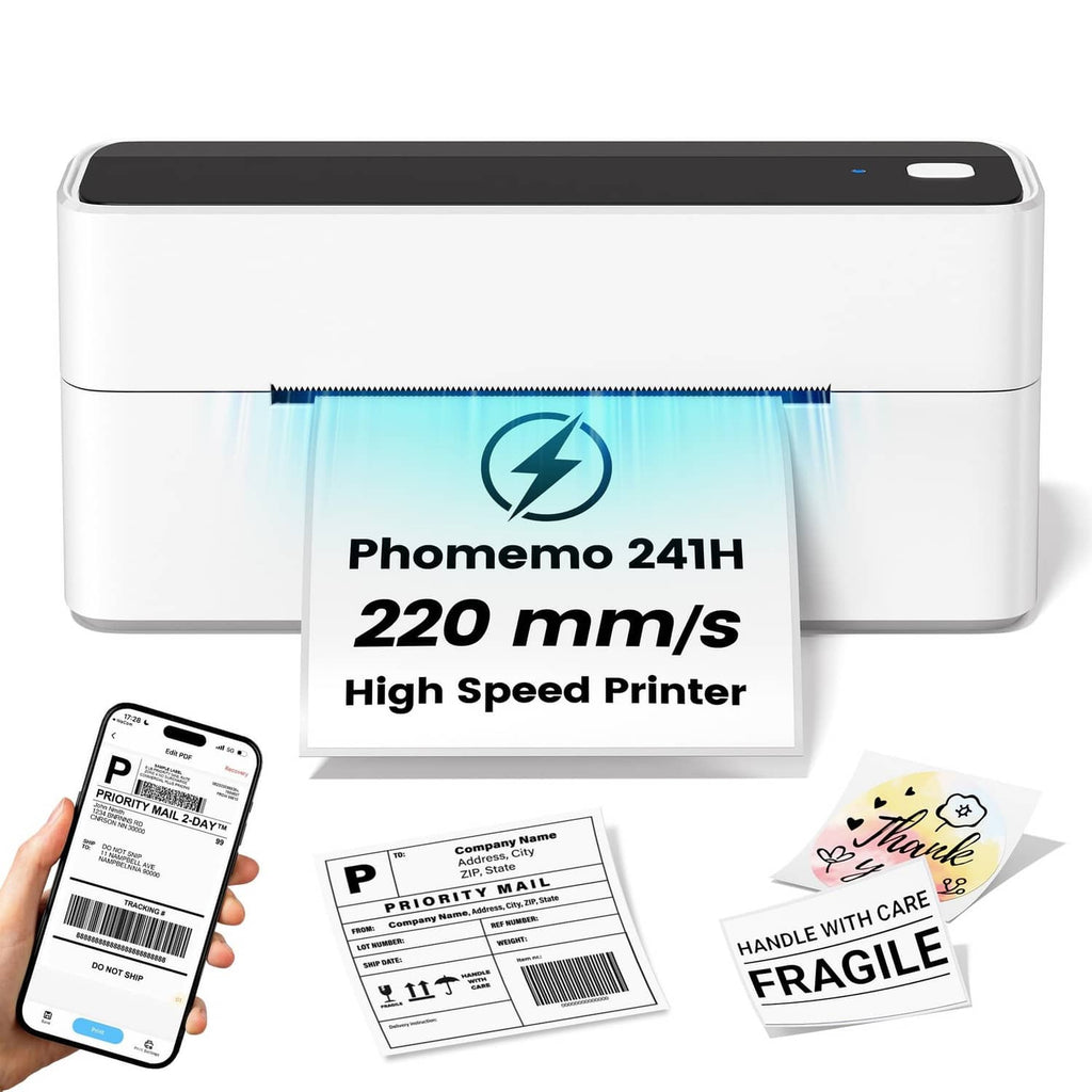 Phomemo 24H wireless label printer, white body with black top panel and label feed slot