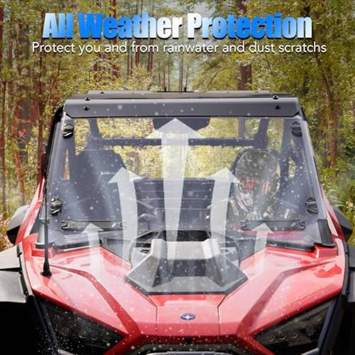 Vented full windshield with clear dark-tinted panel and black frame on UTV