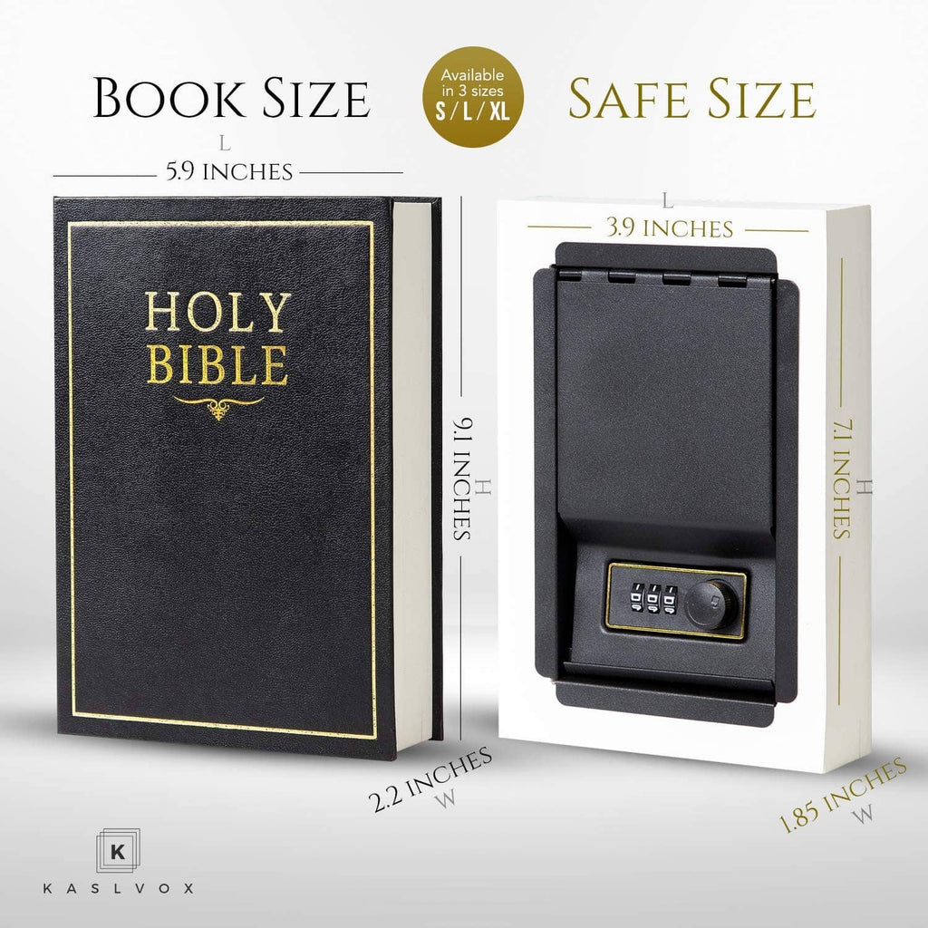Book safe mockup showing safe size and combination lock