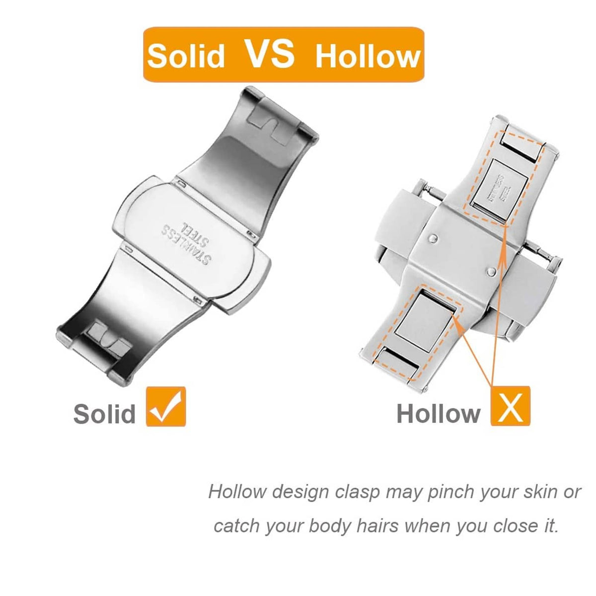 Silver deployant clasp with metal cap shown, solid and hollow styles illustrated