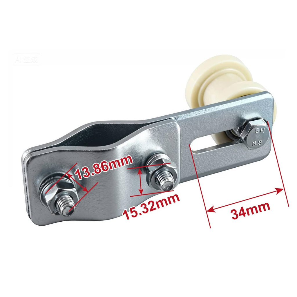 Metal chain tensioner with white guide wheel, side bolts, and mounting plate