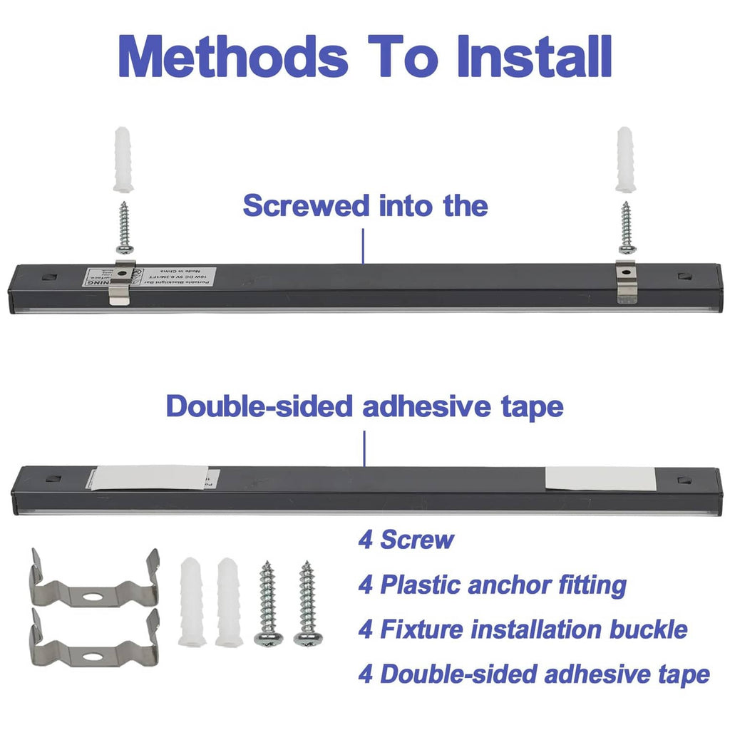 UV blacklight strip with mounting clips, screws, and double-sided adhesive tape included