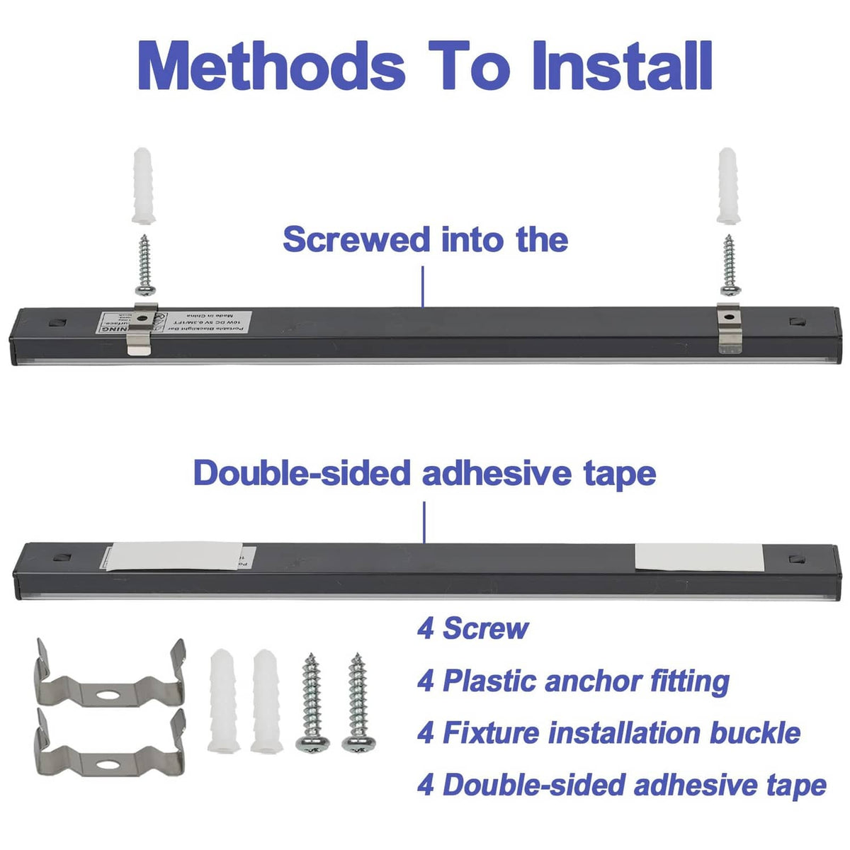 UV blacklight strip with mounting clips, screws, and double-sided adhesive tape included