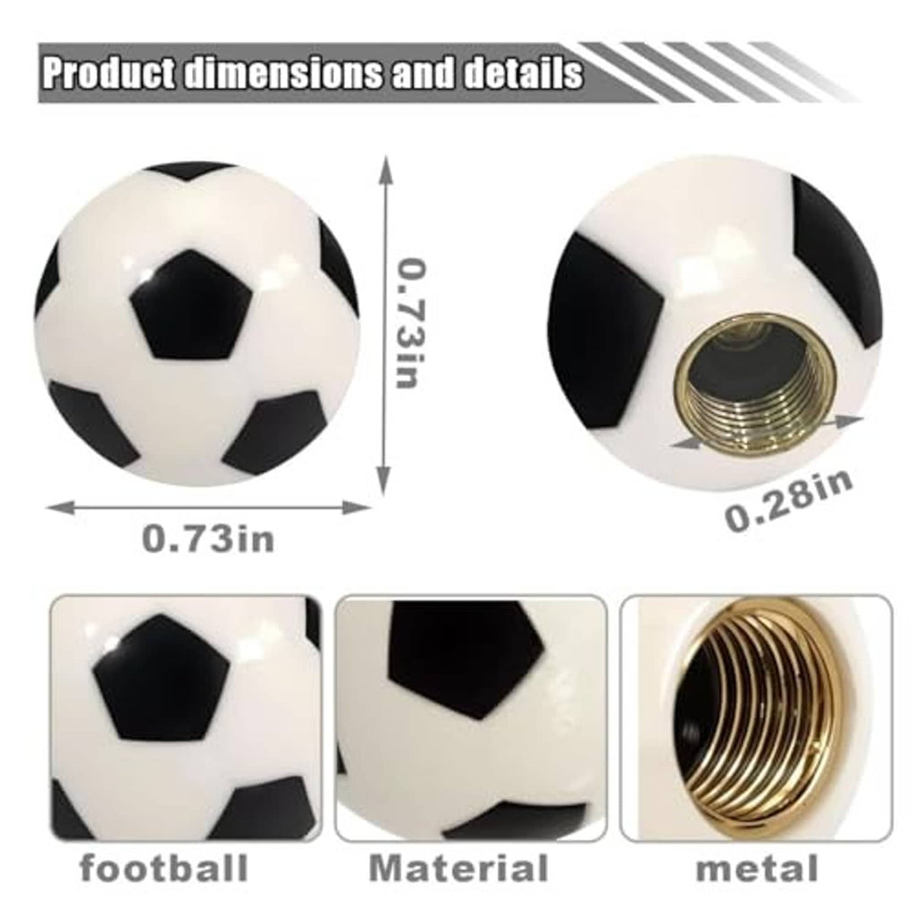 Set of four black-and-white soccer ball valve stem caps with threaded brass insert openings.