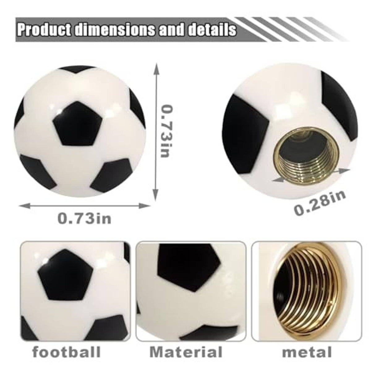 Set of four black-and-white soccer ball valve stem caps with threaded brass insert openings.