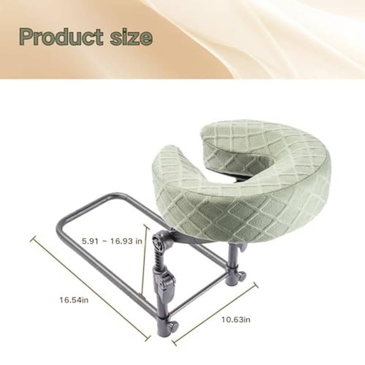 Green massage headrest pillow on adjustable stand with overall size diagram