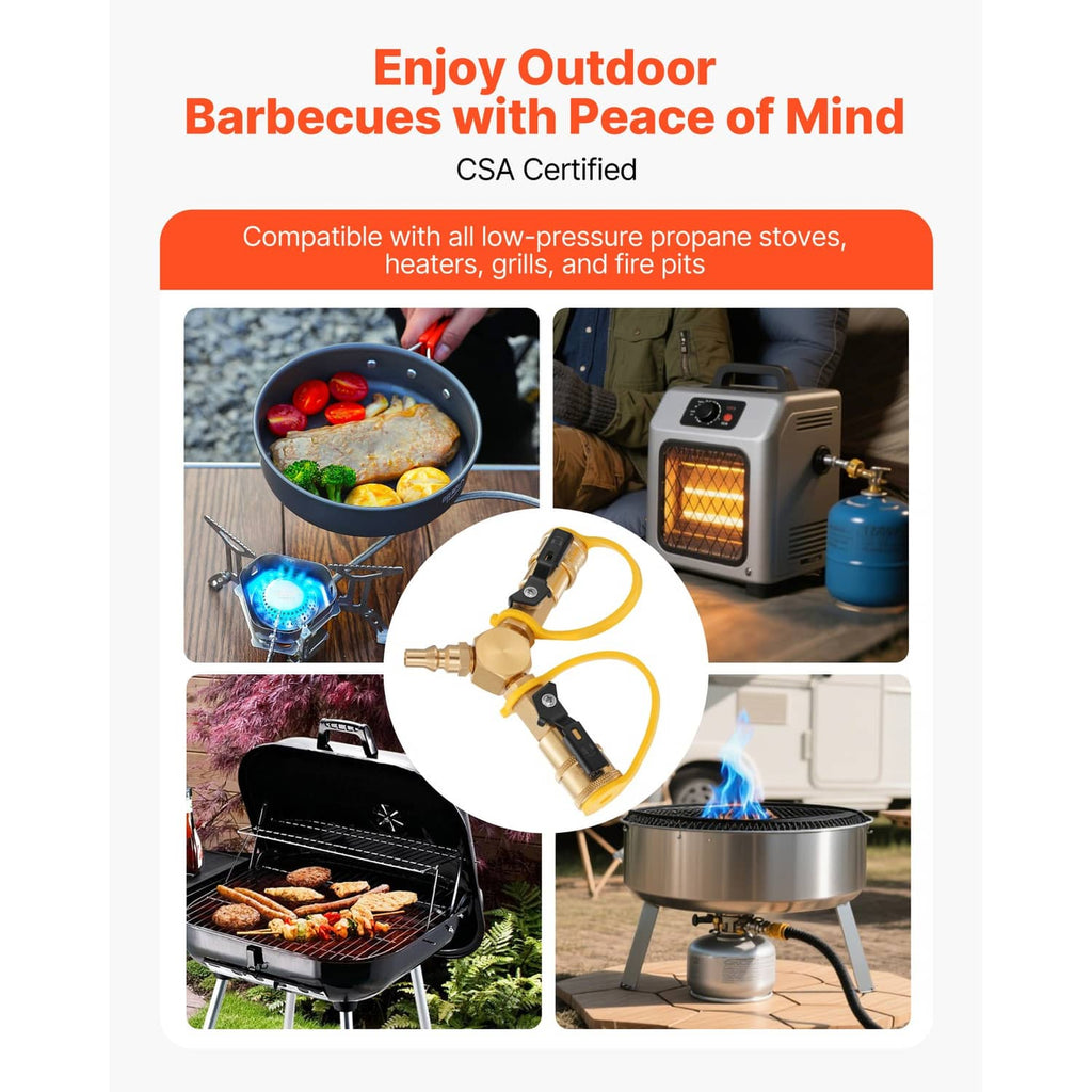 Brass propane splitter adapter with dual quick-connect fittings and yellow safety hoses