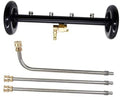 Wheel-mounted undercarriage cleaner water broom attachment with black bar and brass nozzles