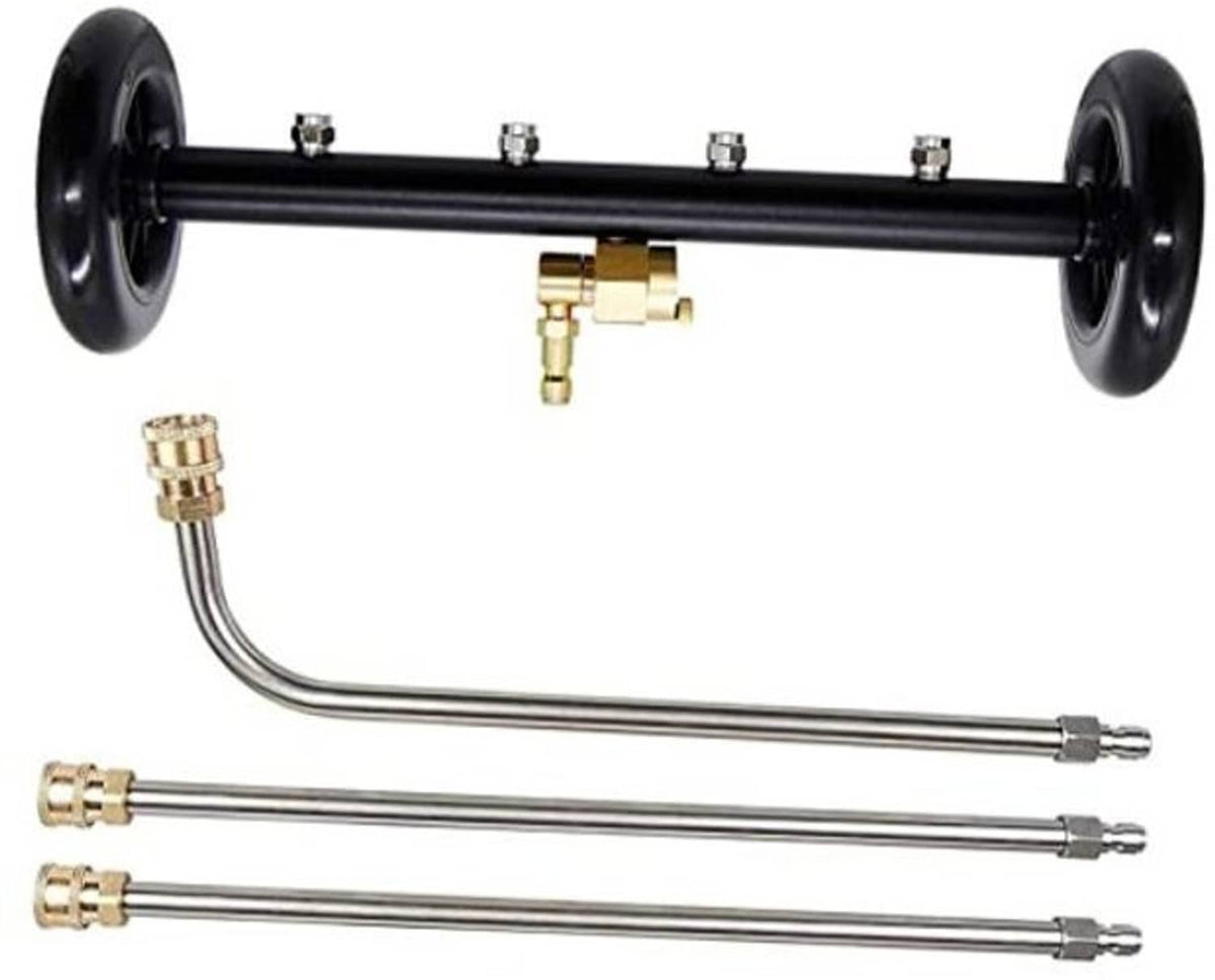 Wheel-mounted undercarriage cleaner water broom attachment with black bar and brass nozzles