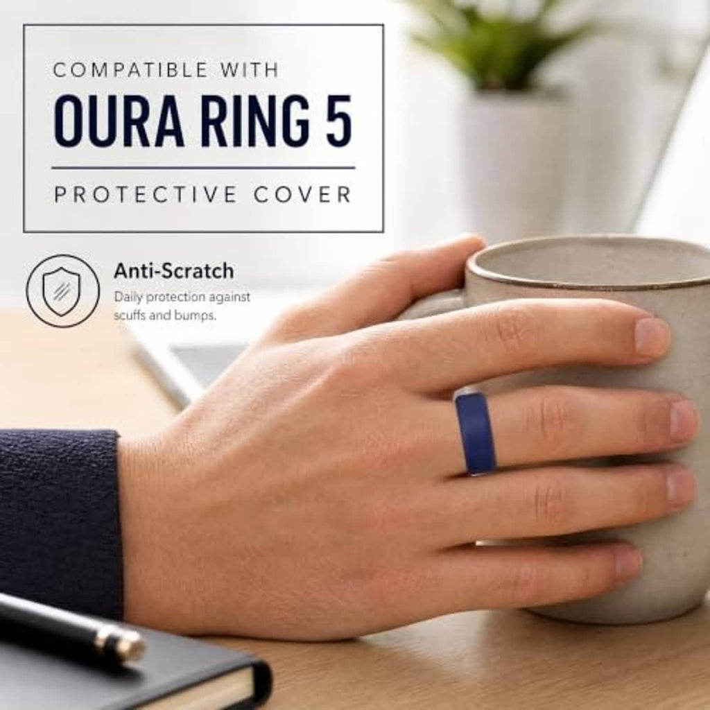 Silicone ring cover on finger in dark blue, smooth matte anti-scratch sleeve