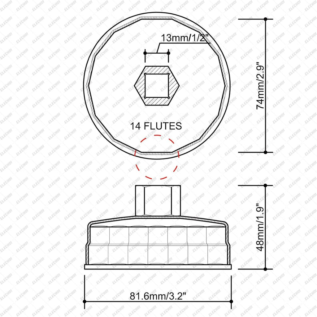 Oil filter cap wrench socket size diagram with hex head and fluted design