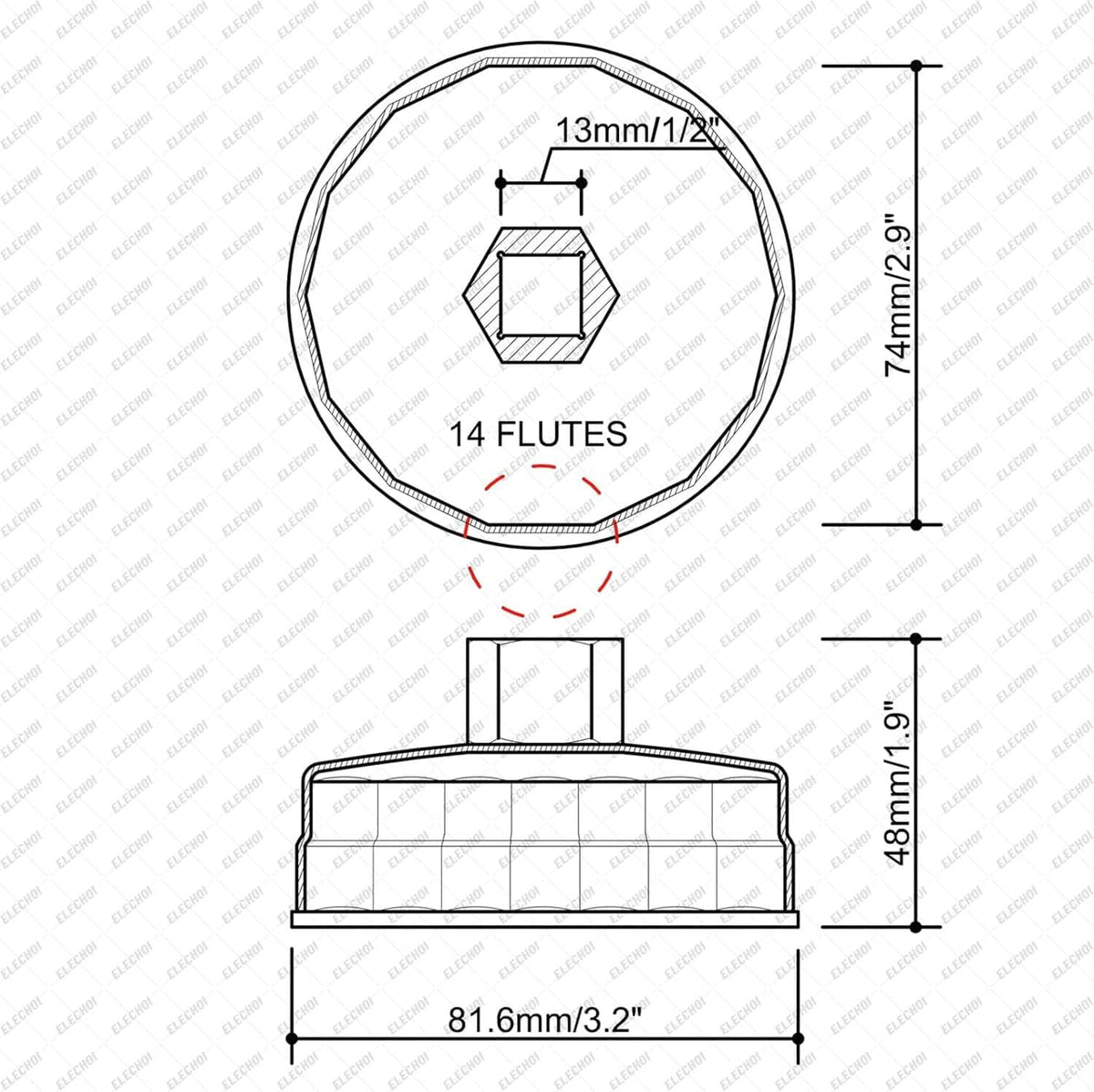 Oil filter cap wrench socket size diagram with hex head and fluted design