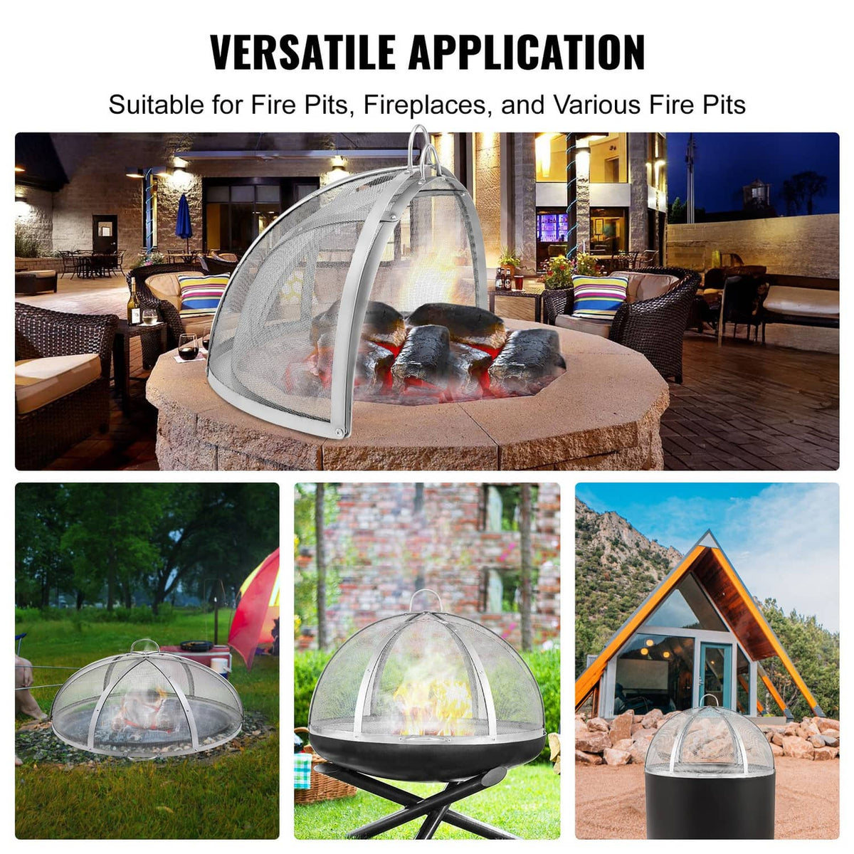 Stainless steel round fire pit spark screen cover lid with mesh dome over fire