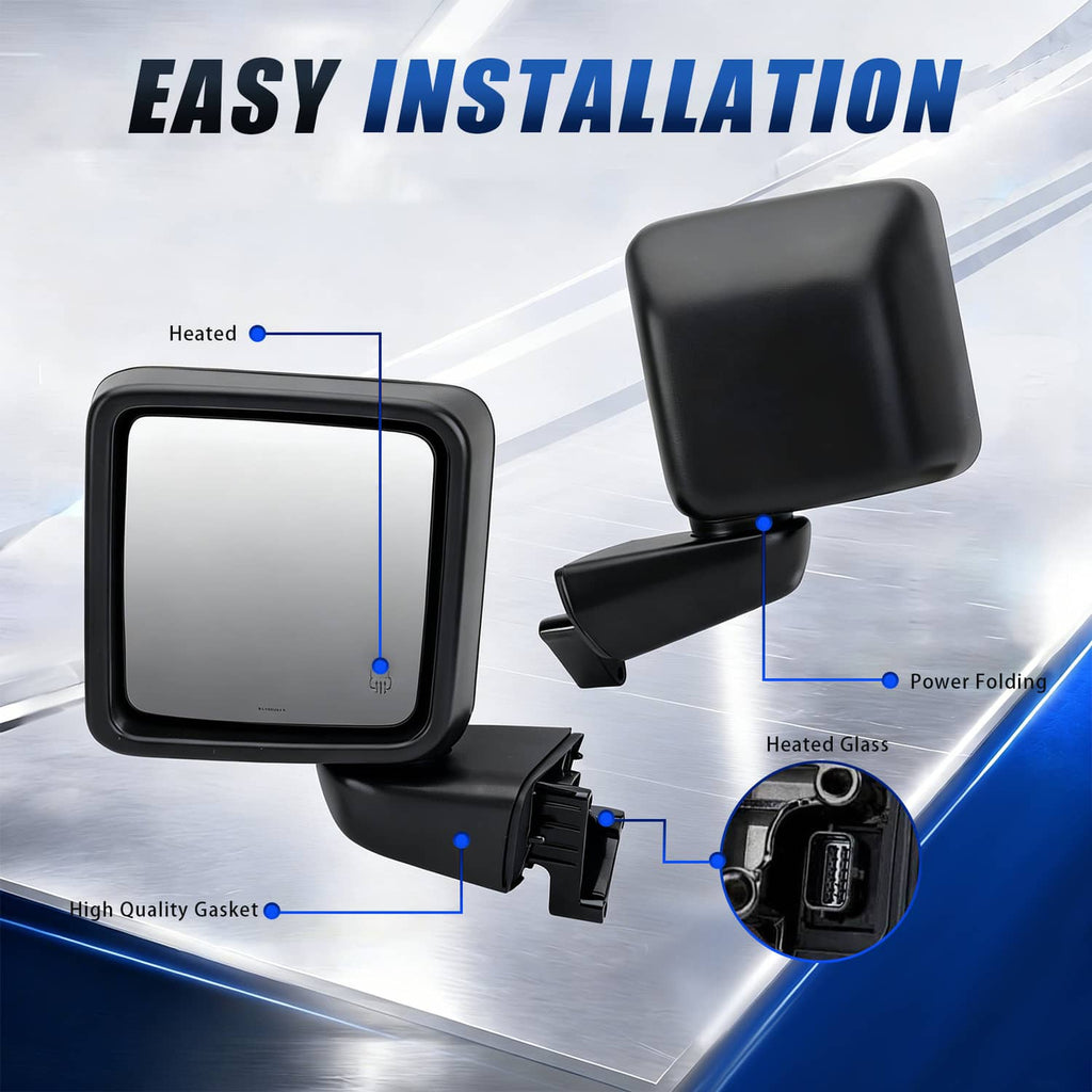 Black power heated side mirror set showing heated glass and power folding base