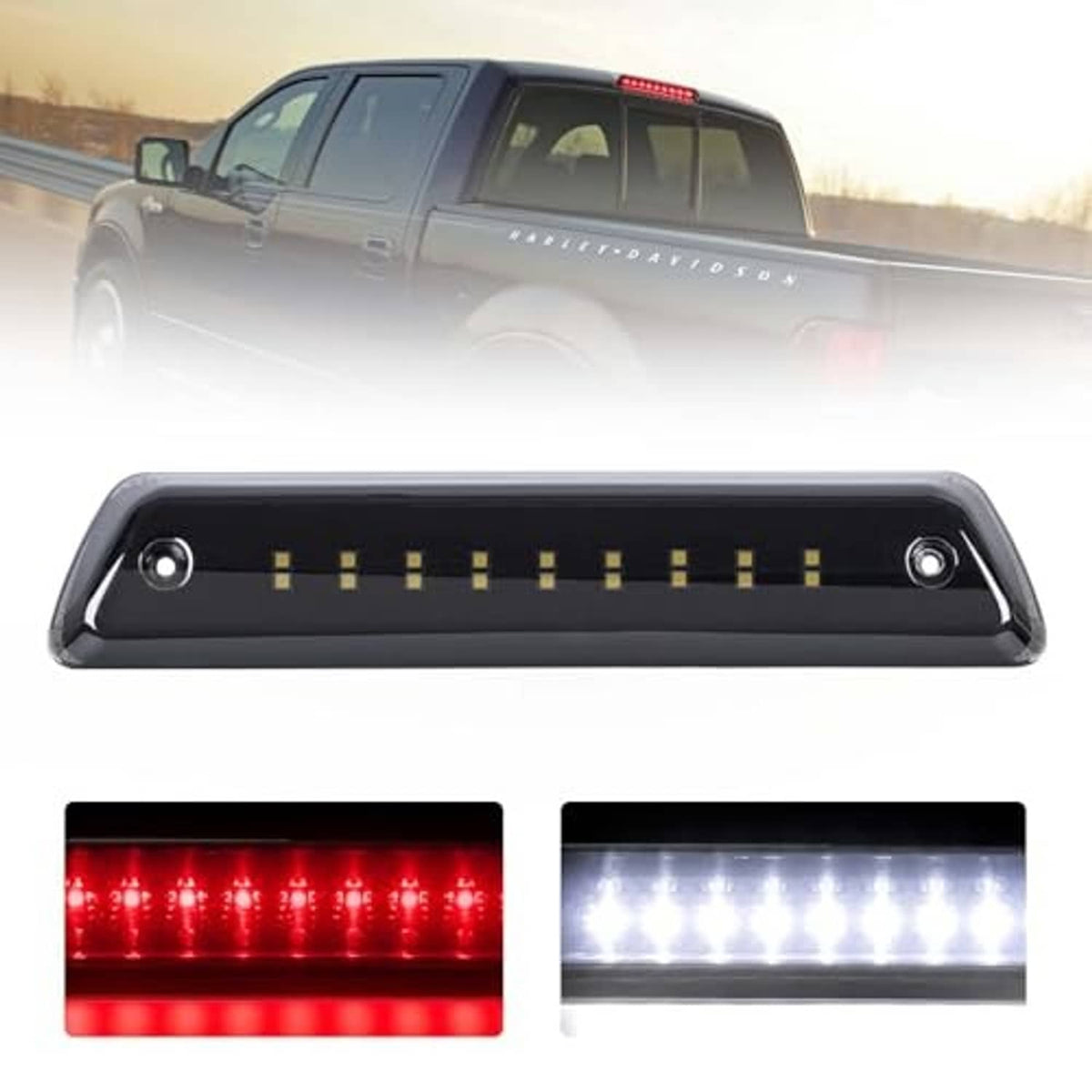 Smoked LED third brake light and reverse light bar, black housing with LED strip and side mounts