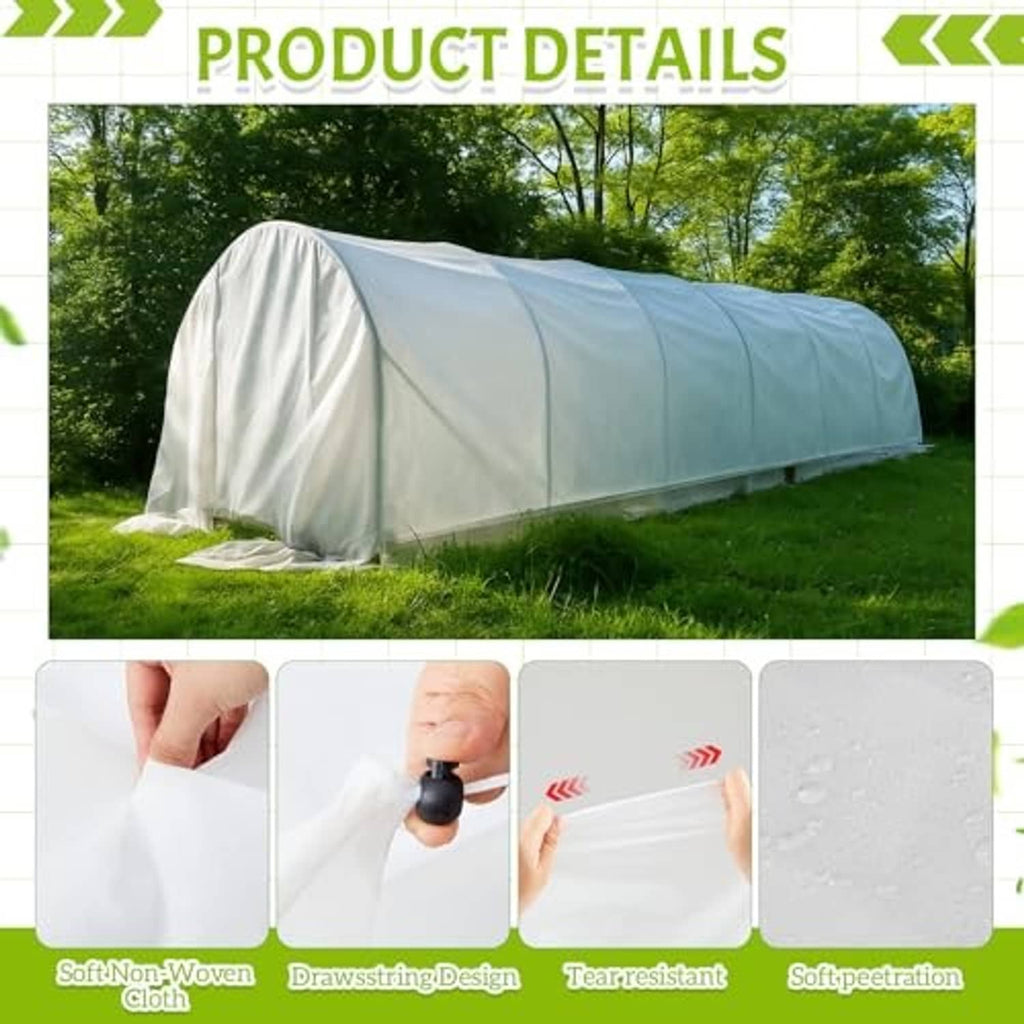 White shade cloth tunnel on grass, neatly draped for plant protection