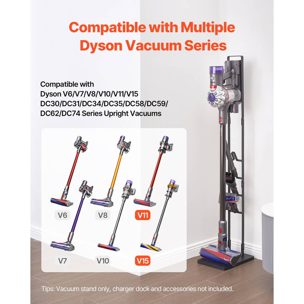 Vacuum stand with tall black frame and flat base for upright cordless vacuum storage