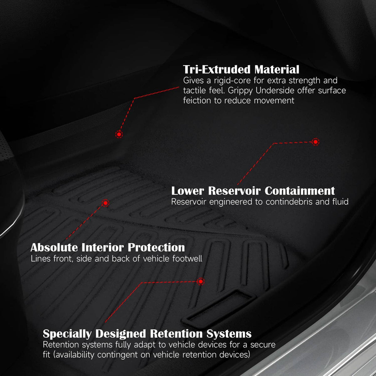 Black cargo liner trunk mat with molded texture and raised containment channels
