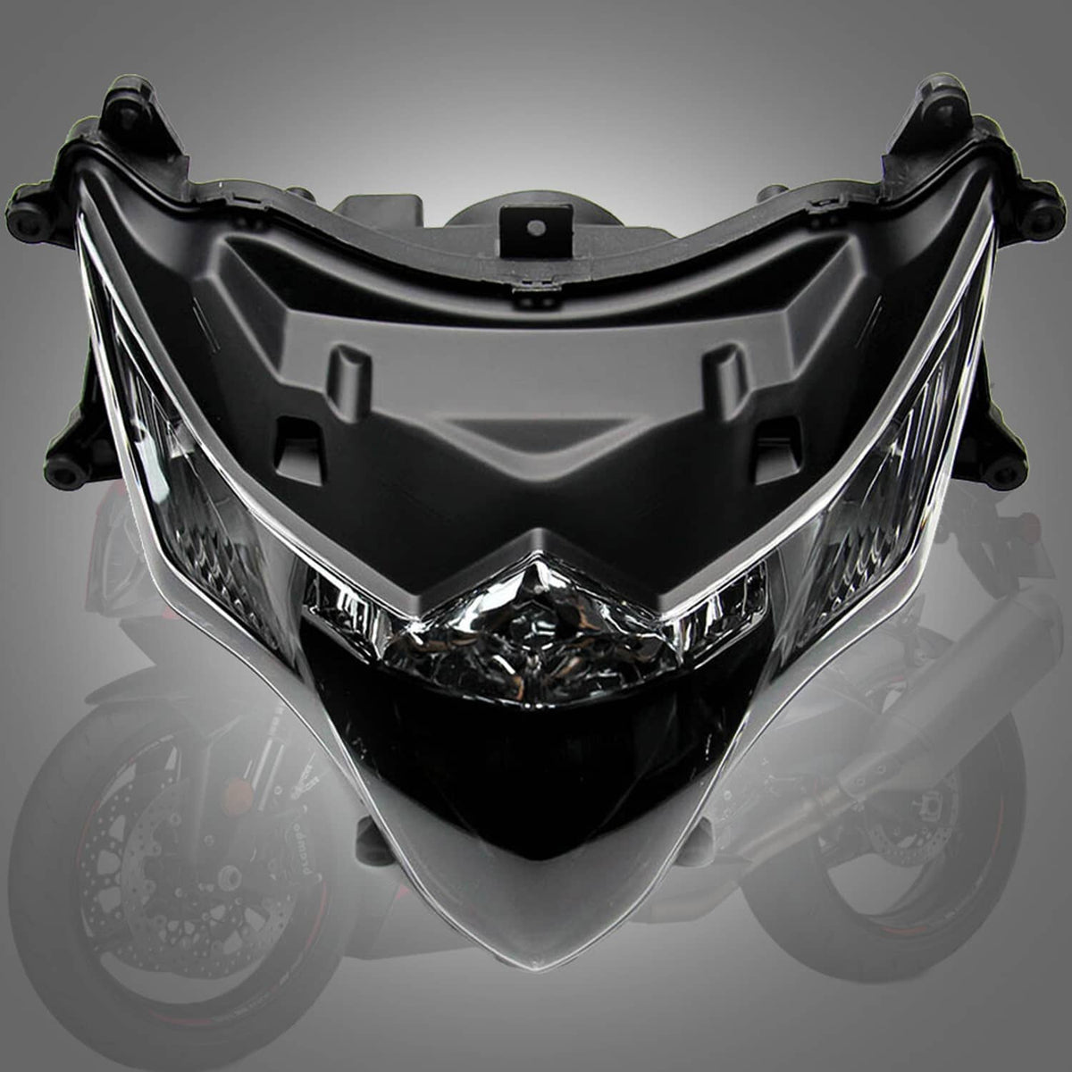 Motorcycle headlight assembly, centered front view with clear lens and black bezel