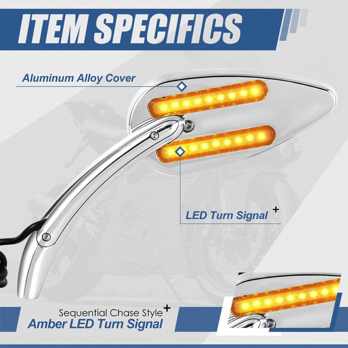 Chrome motorcycle side mirrors showing amber LED turn signal strips