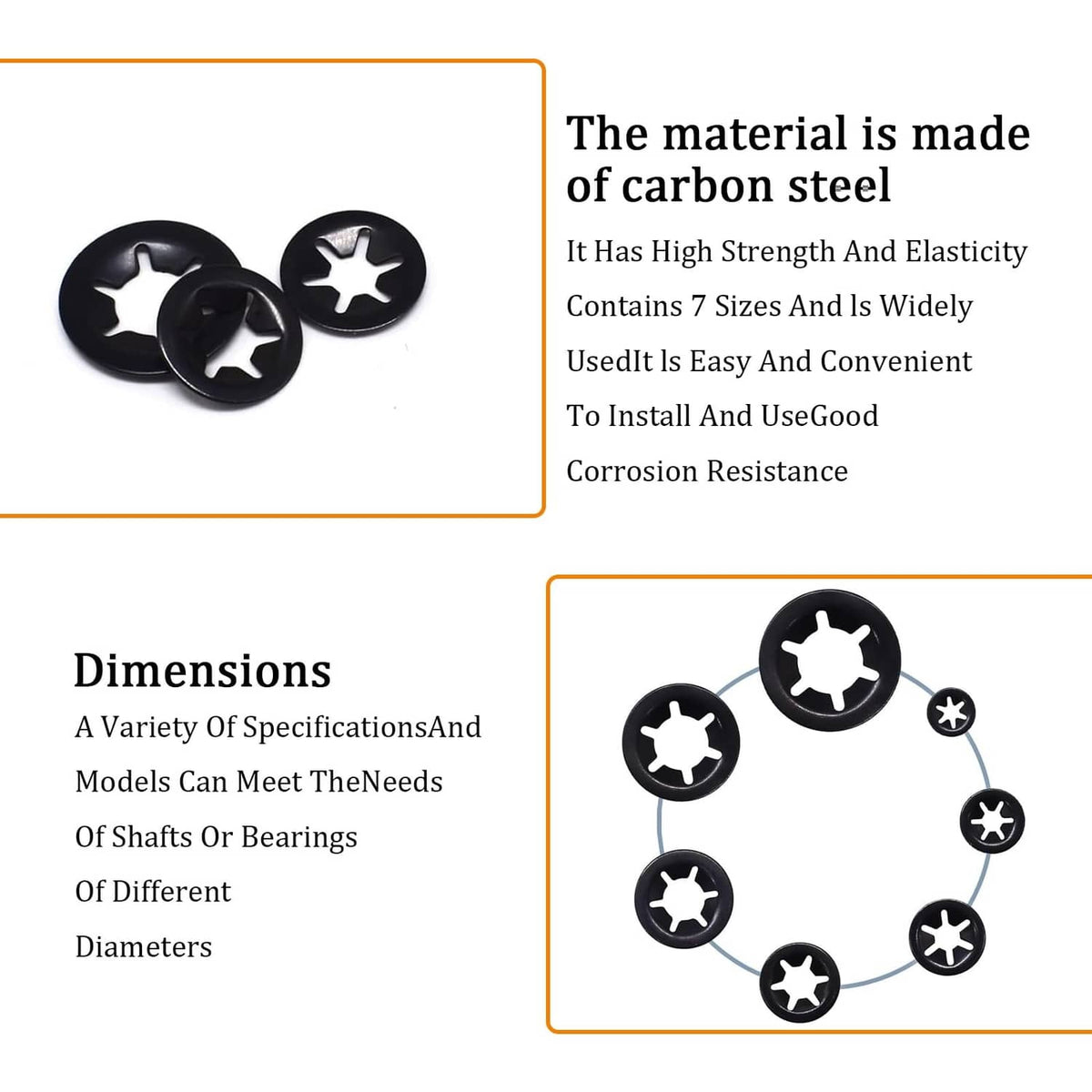 Assorted black internal tooth star lock washers displayed in a grouped layout