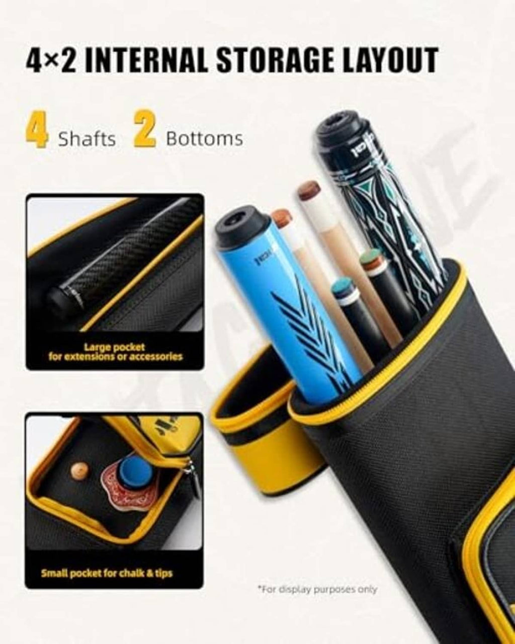 Black and yellow hard pool cue case with 4 shaft sleeves and 2 butt pockets