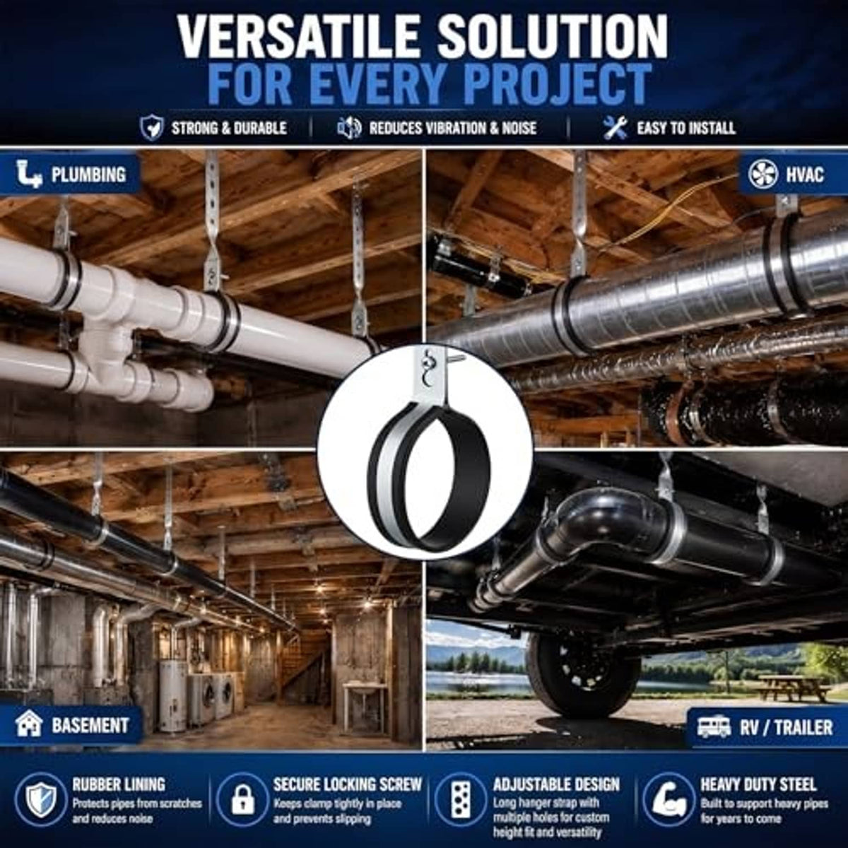 Adjustable galvanized steel pipe hanger with secure locking screw and rubber lining