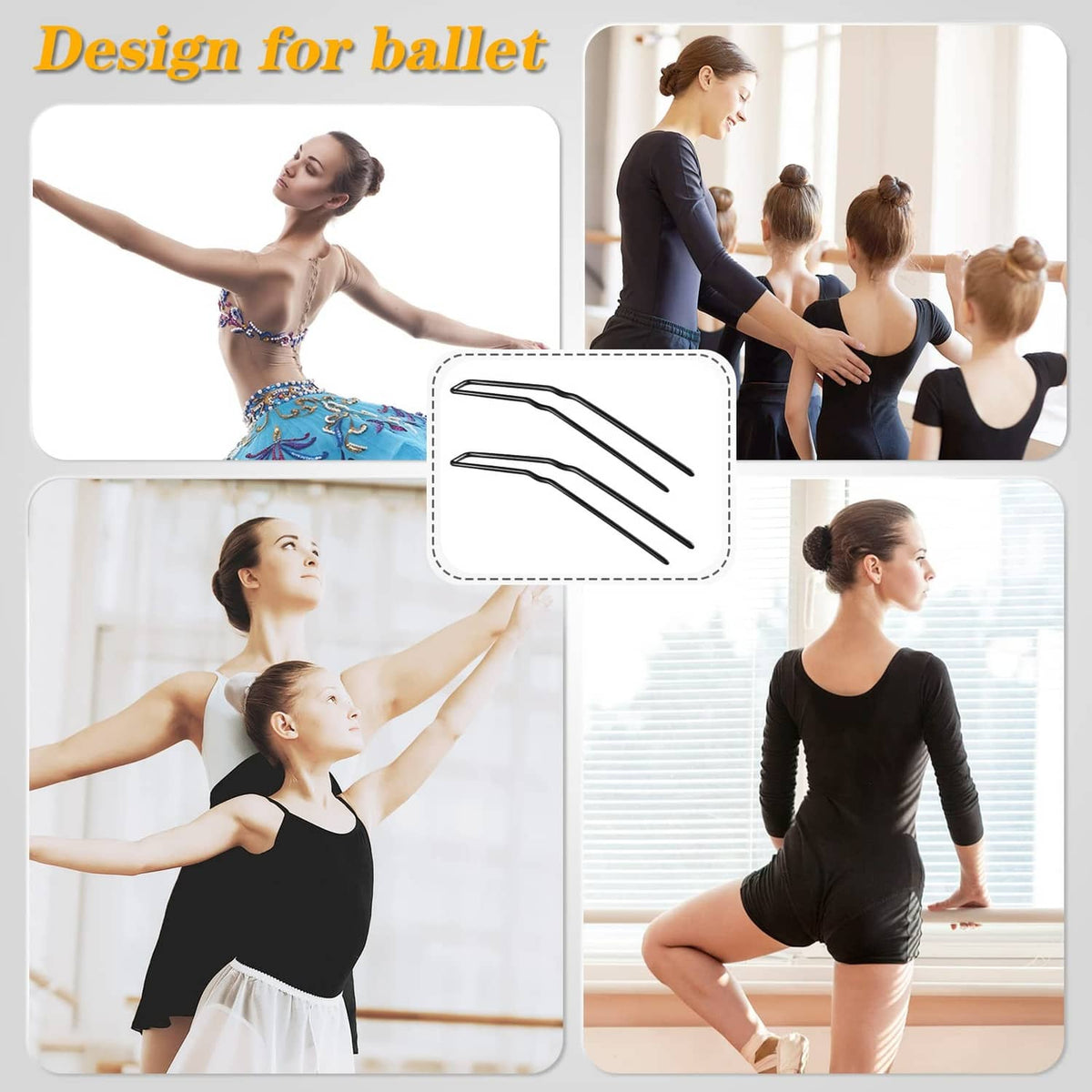 Black U-shaped hairpins for ballet buns, shown in lifestyle collage