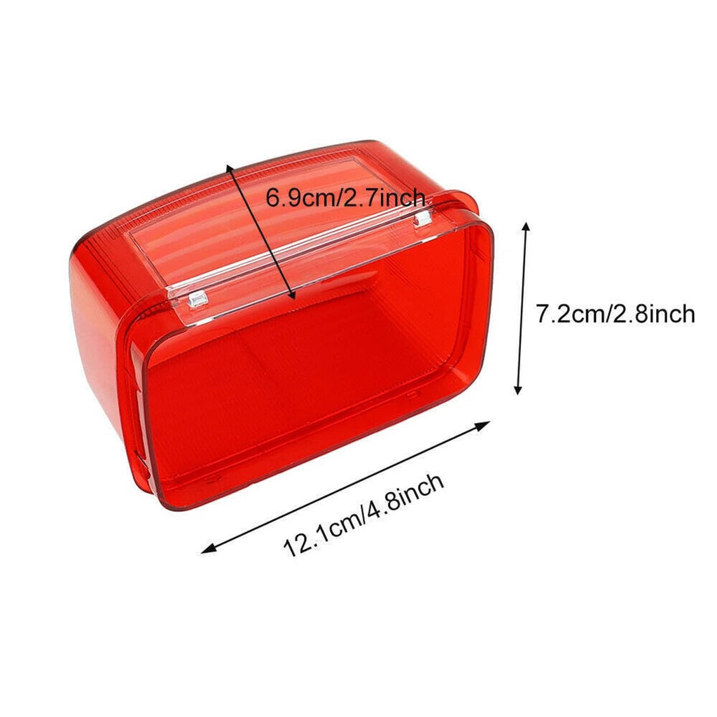 Red tail light lens dimensions view, ribbed red outer with clear inner panel