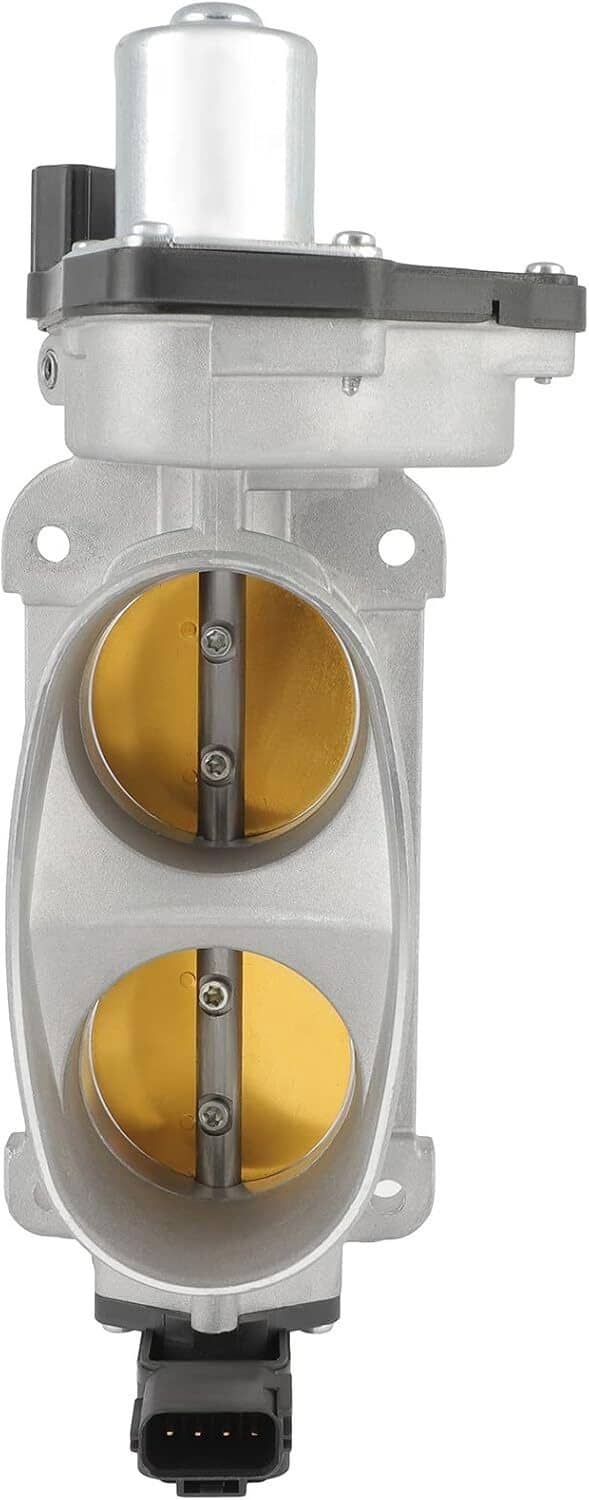 Throttle body front view with dual gold bores and black sensor connector
