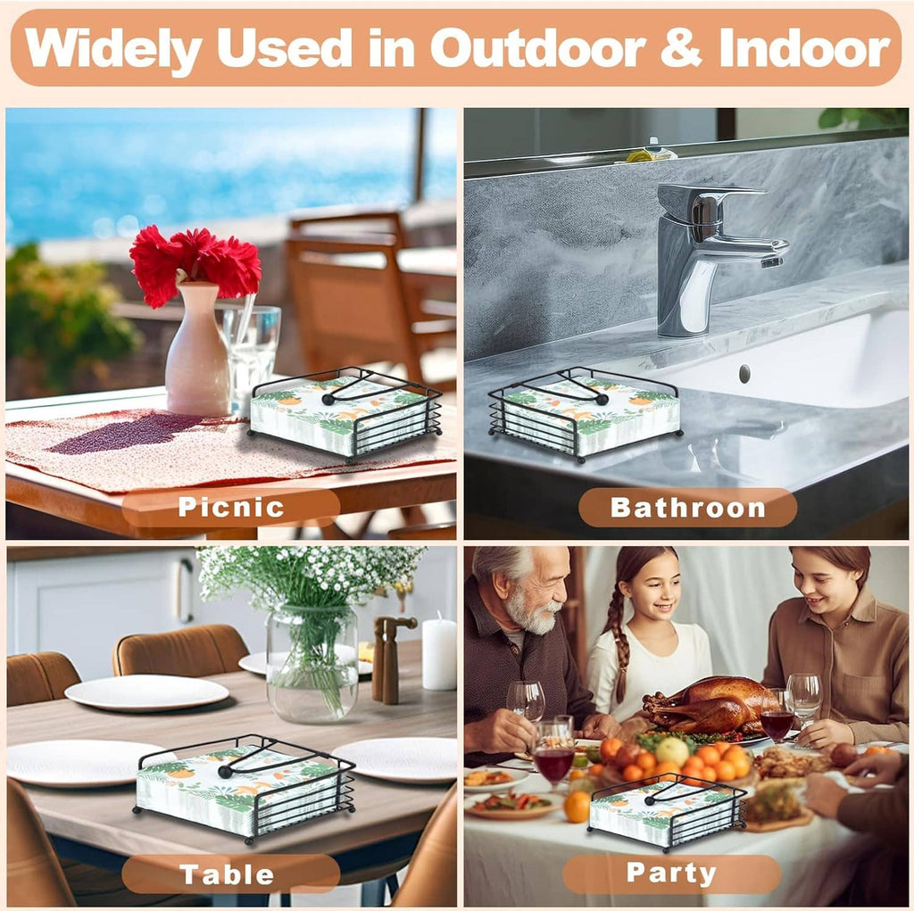 Black napkin holder on a table with folded botanical napkins, suitable for indoor or outdoor