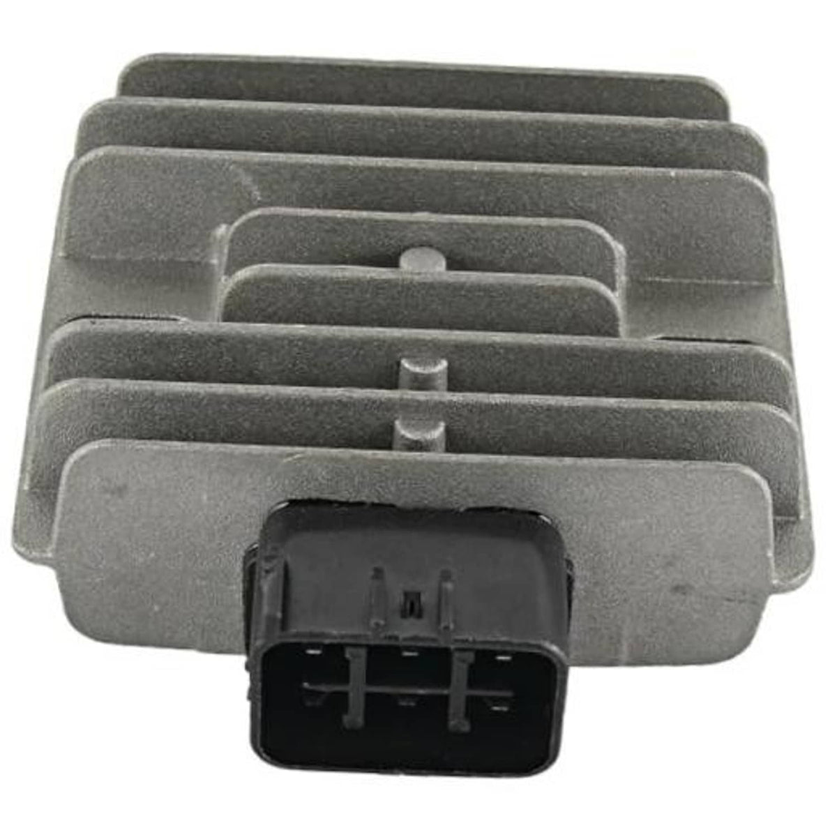 12-volt voltage regulator rectifier with multi-pin connector and gray metal heat-sink housing