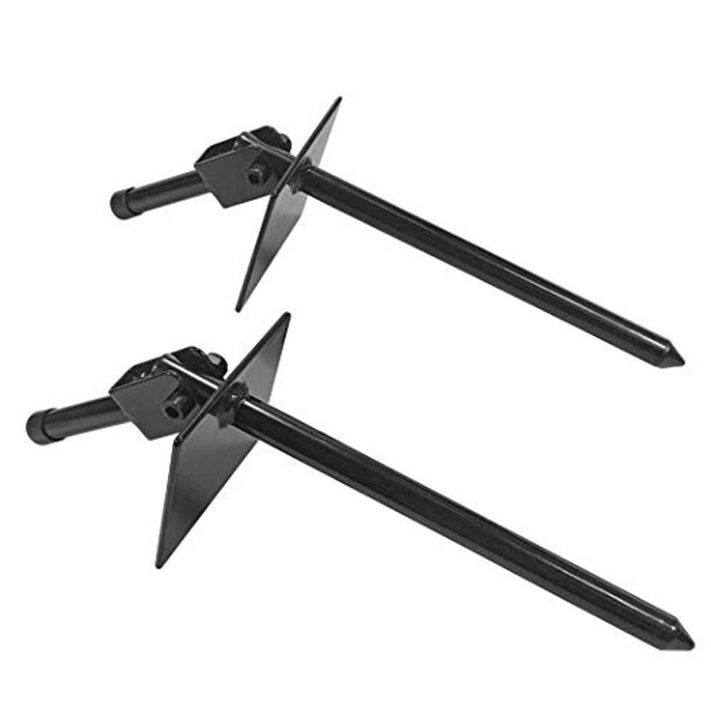 Pair of black treestand ground spike brackets with long handles and pointed feet