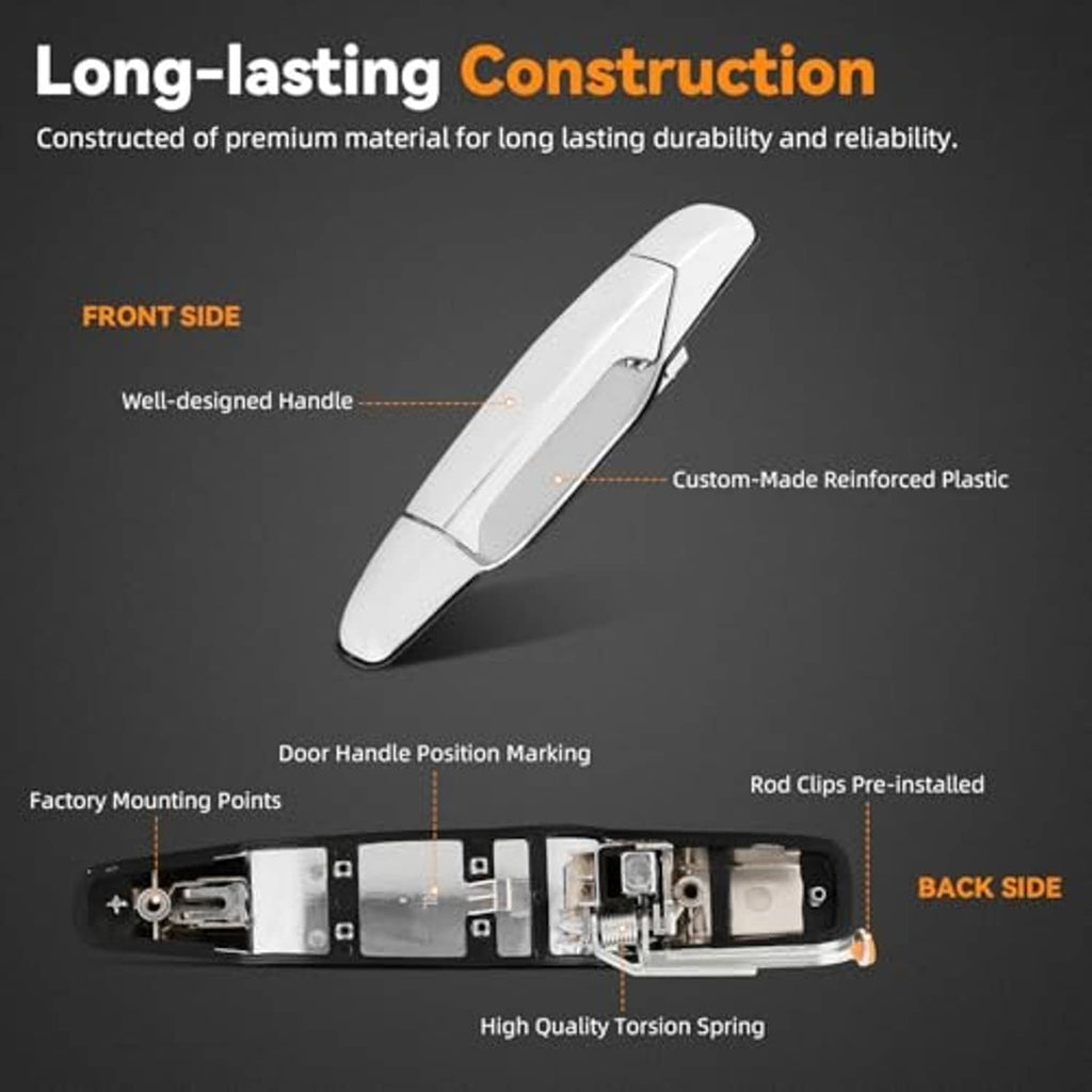 Exterior door handle with installation cutaway diagram and white chrome handle detail