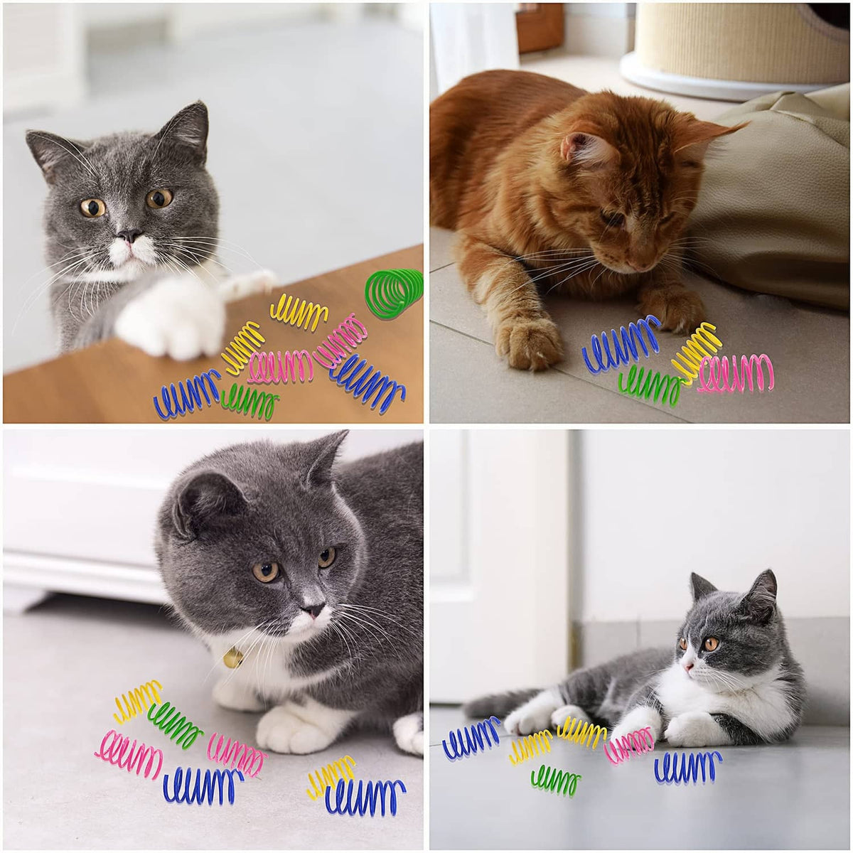 Colorful plastic cat spring toys with gray and orange cats playing