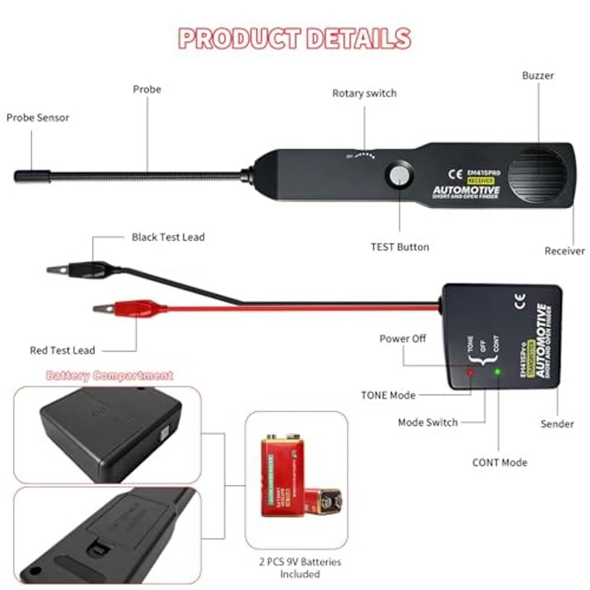 Automotive wire tracer product details showing probe, receiver, test leads, and buzzer
