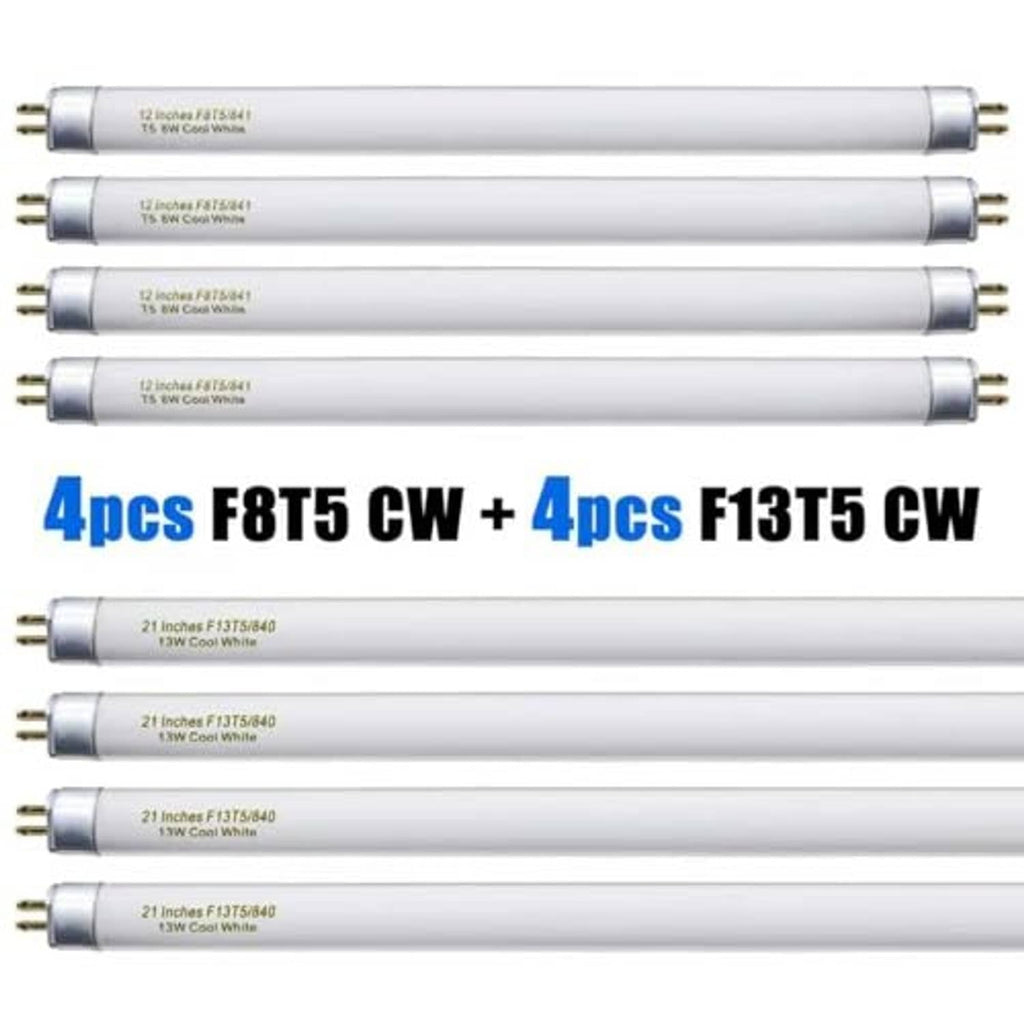 Pack of T5 fluorescent tubes with bi-pin ends, mixed lengths for use together