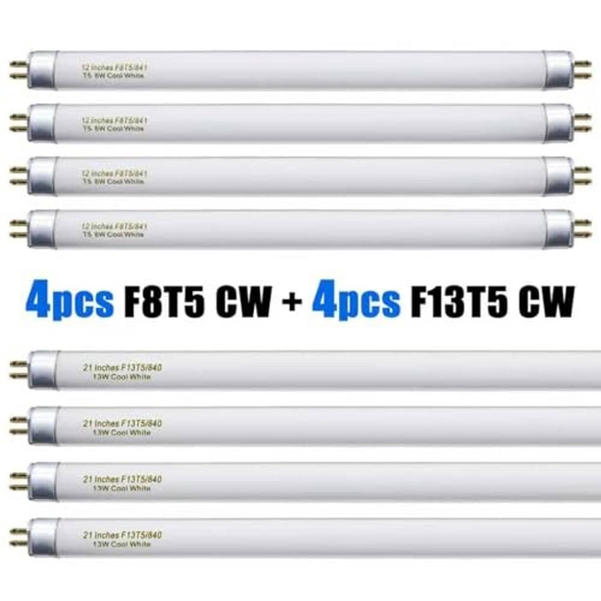 Pack of T5 fluorescent tubes with bi-pin ends, mixed lengths for use together