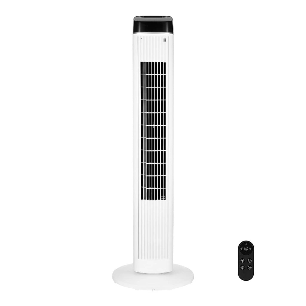 White tower fan with oscillating vertical slats and black top, standing floor design