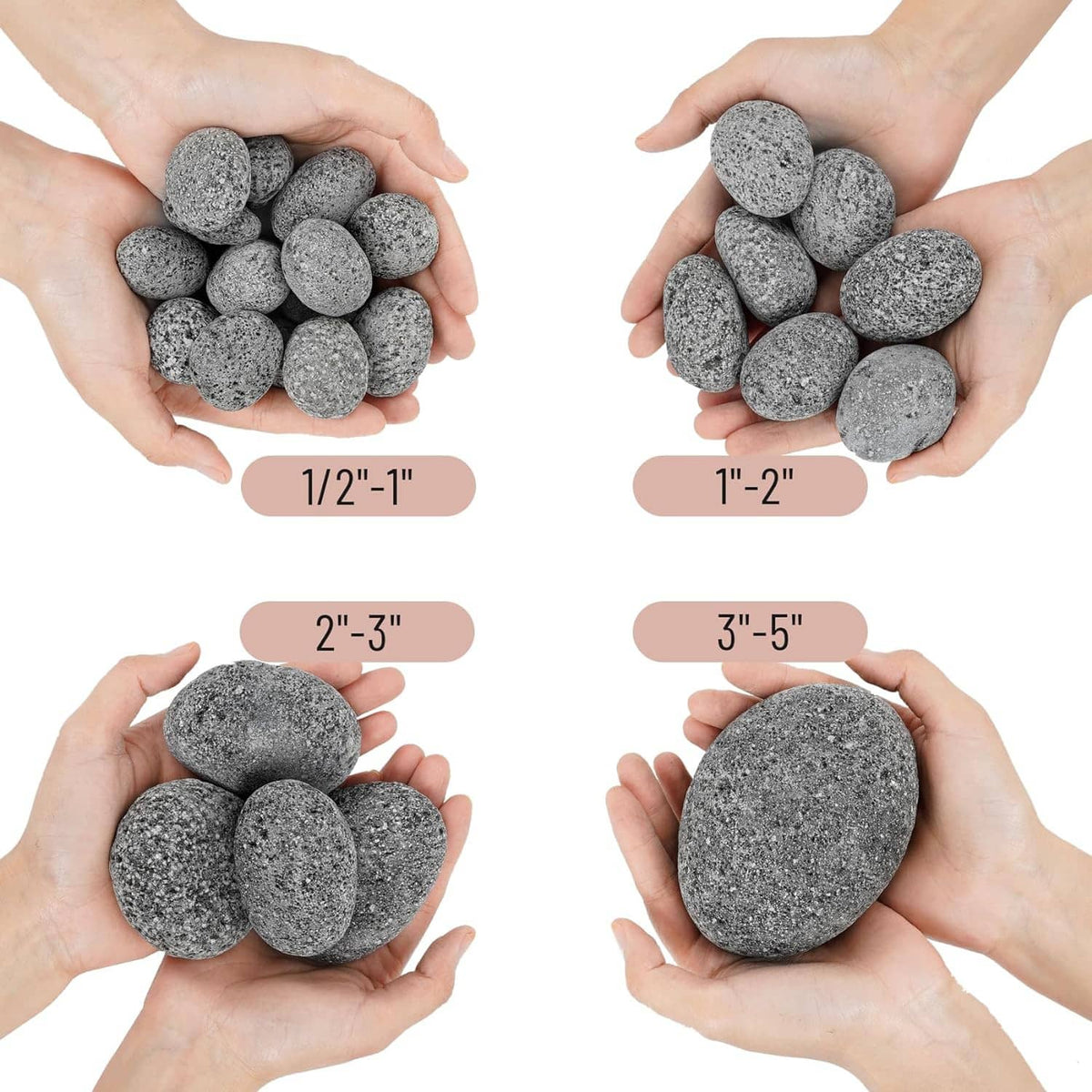 Handful of round black lava rock pebbles, showing pebble sizes