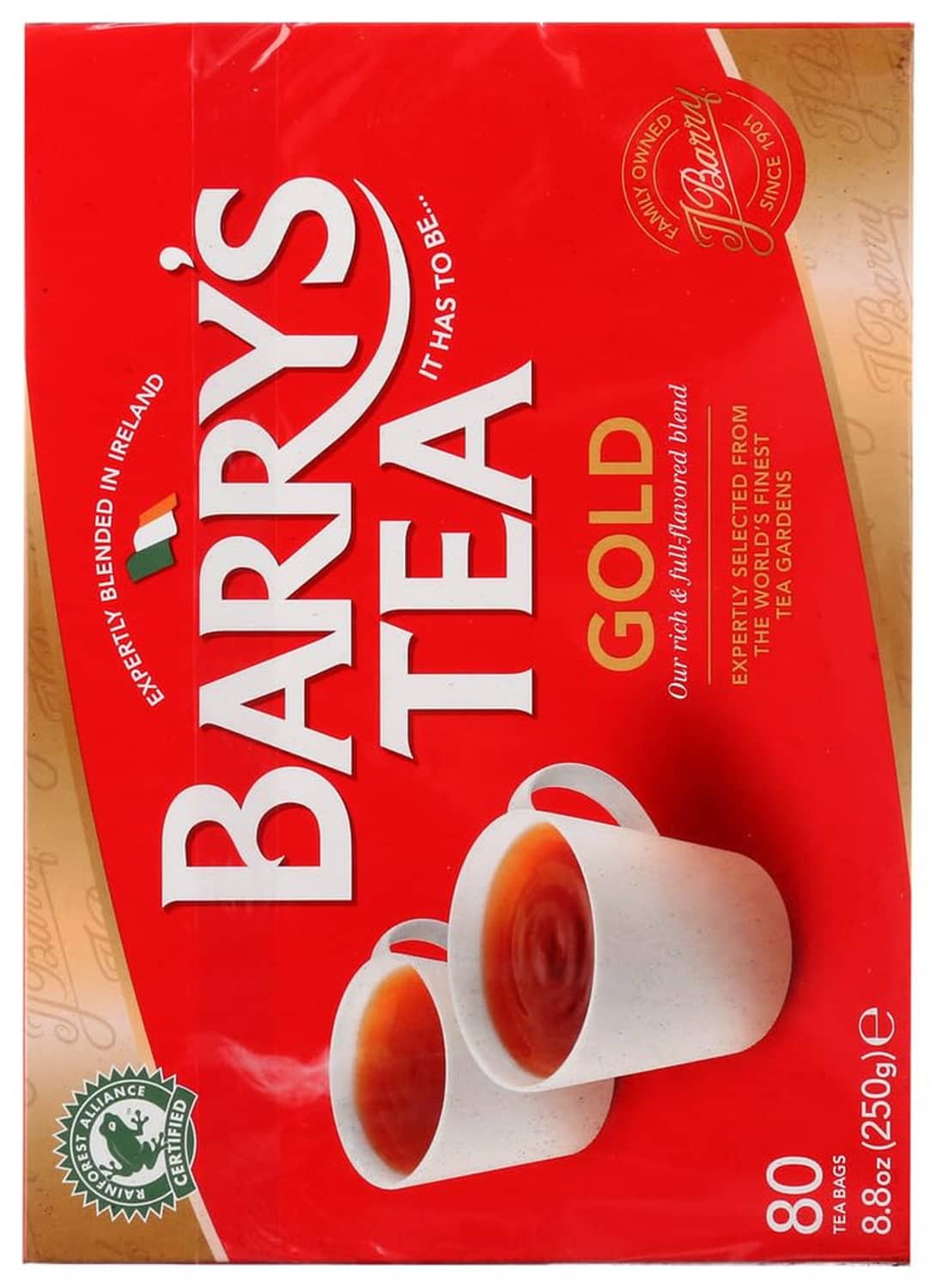 Barry's Tea Gold 80 teabags package with tea cup graphic and vertical branding