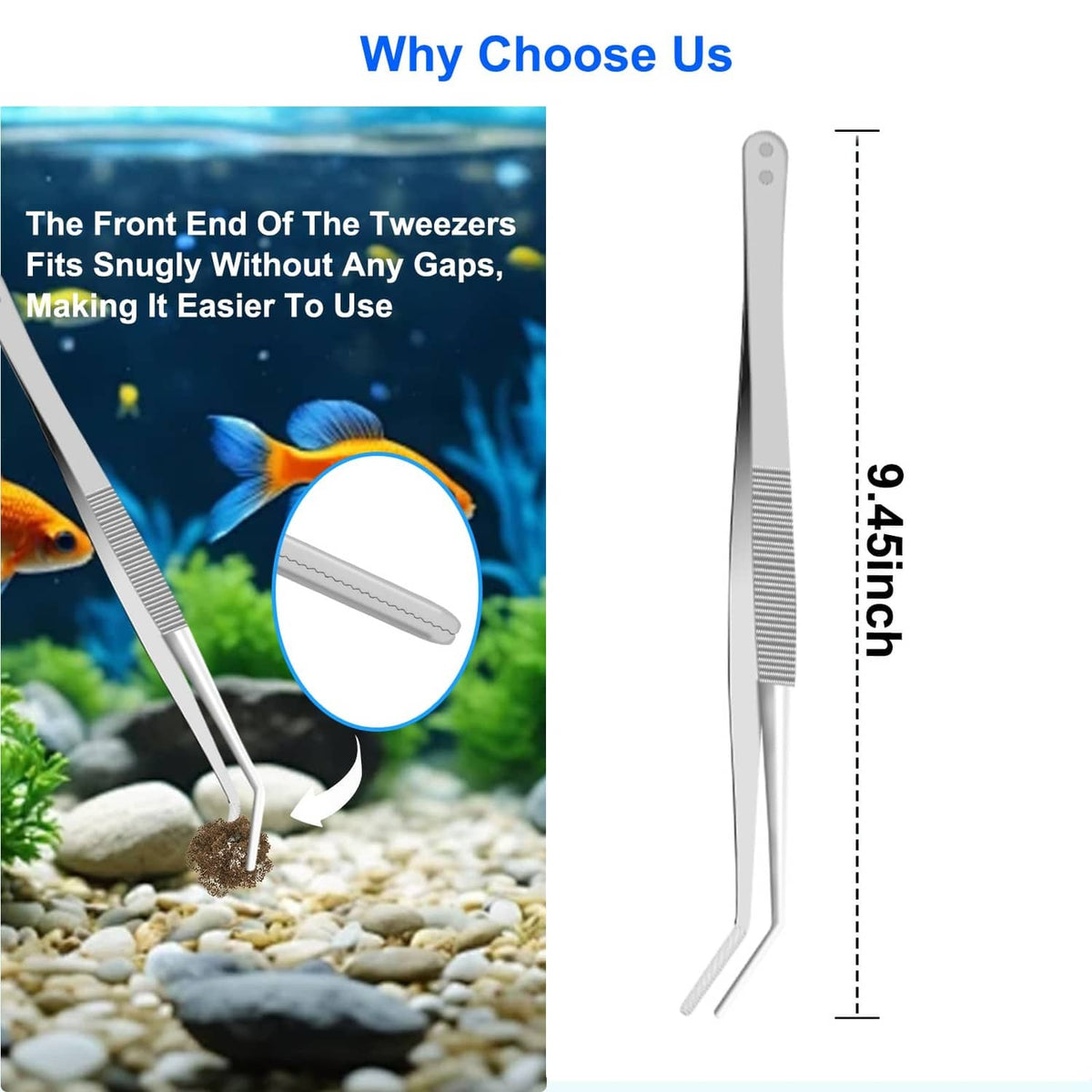 Stainless steel aquarium algae tweezer/comb tool with angled tips, silver