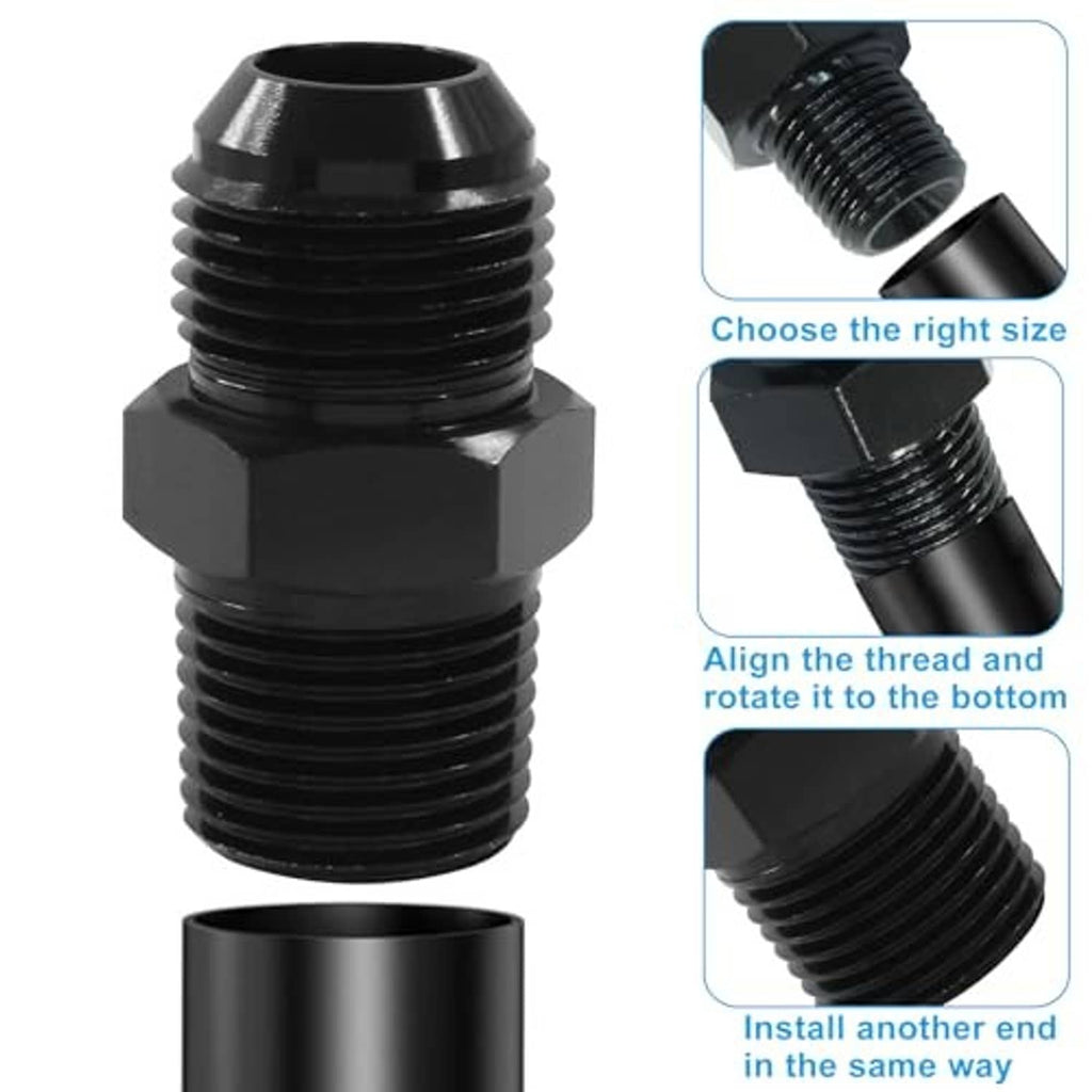Black threaded flare-opening adapter with hex connector ends, two views
