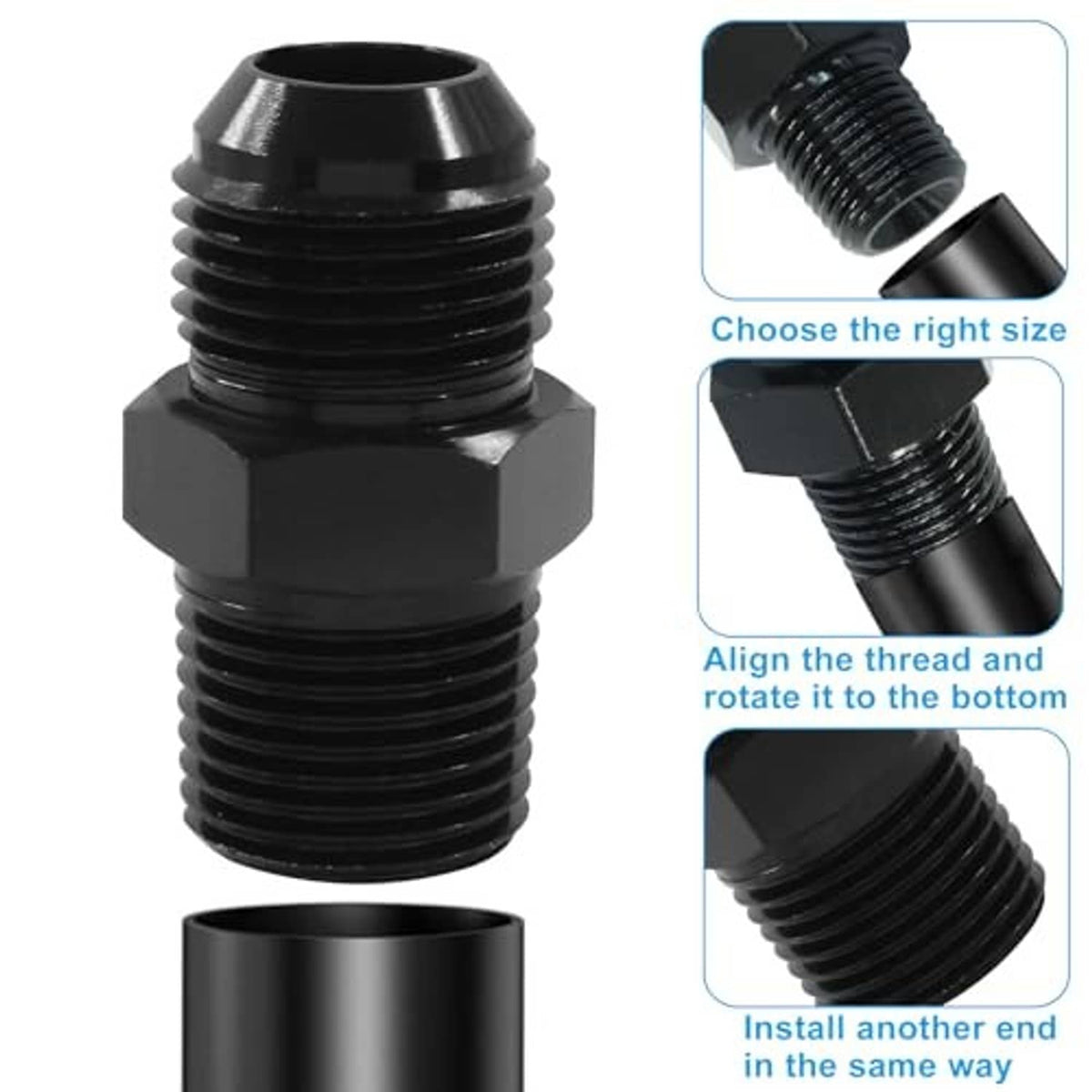 Black threaded flare-opening adapter with hex connector ends, two views