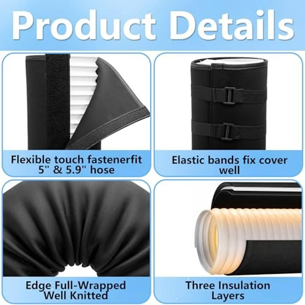 Black AC hose insulation sleeve detail, multi-layer cover with elastic bands and fastener
