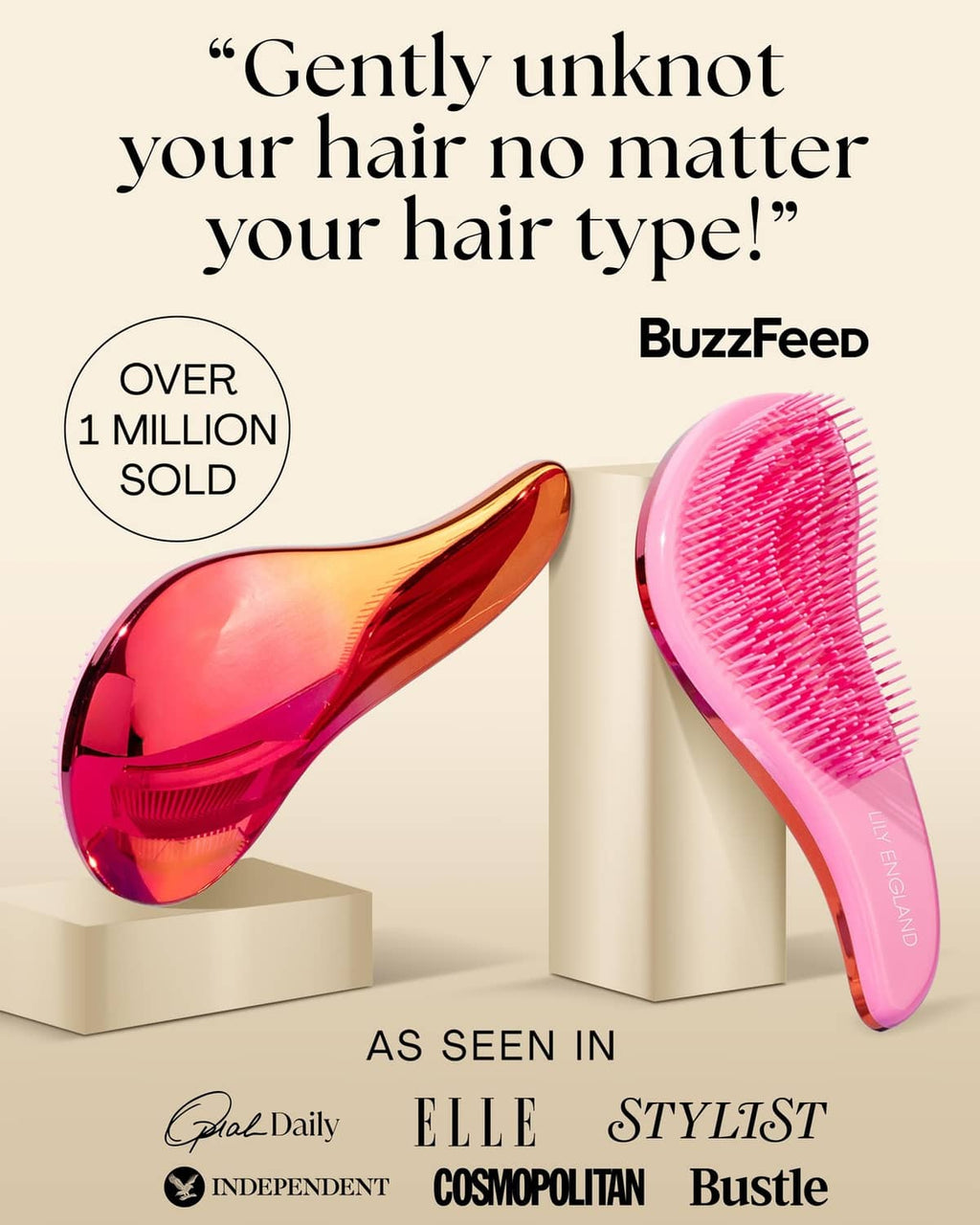 Shiny rose gold and pink hair detangler brushes with flexible bristles.