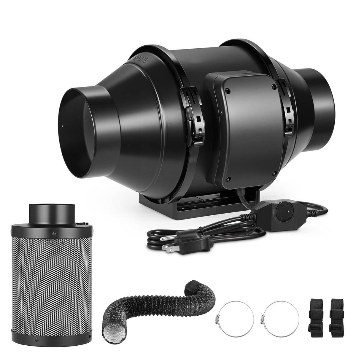 4-inch inline duct fan with carbon filter, adjustable speed controller, and ducting kit
