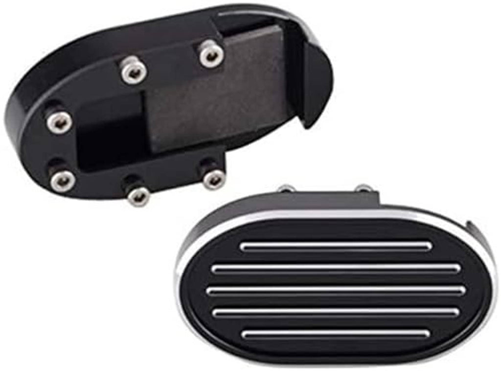 Black oval brake pedal pad cover with silver grooved insert and underside mounting bracket