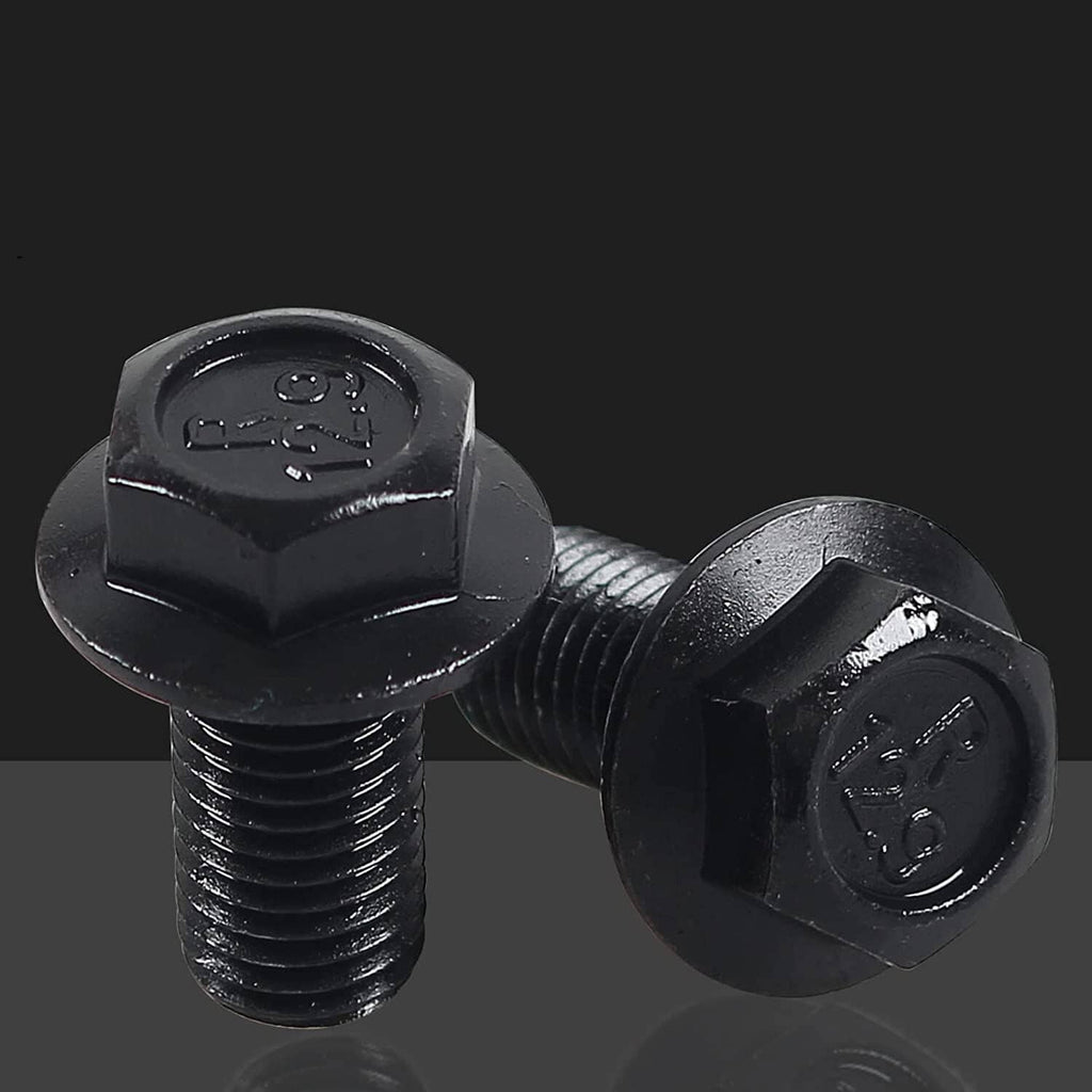 Close-up of black hex-head flexplate bolts with stamped head markings