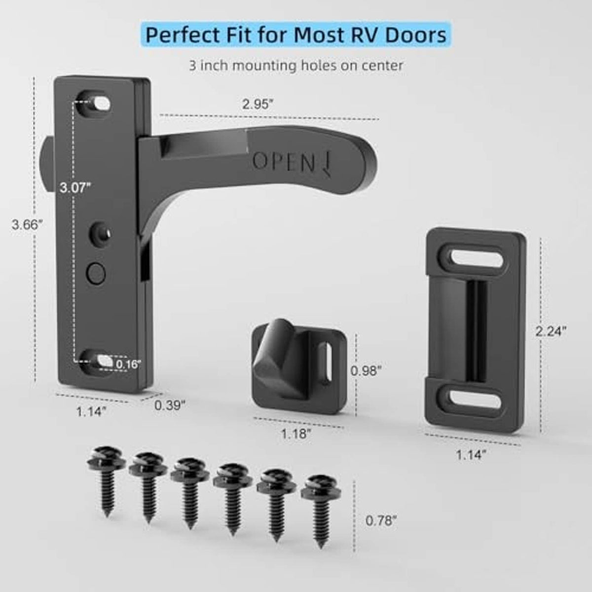 RV screen door latch handle kit with mounting plate and screw set